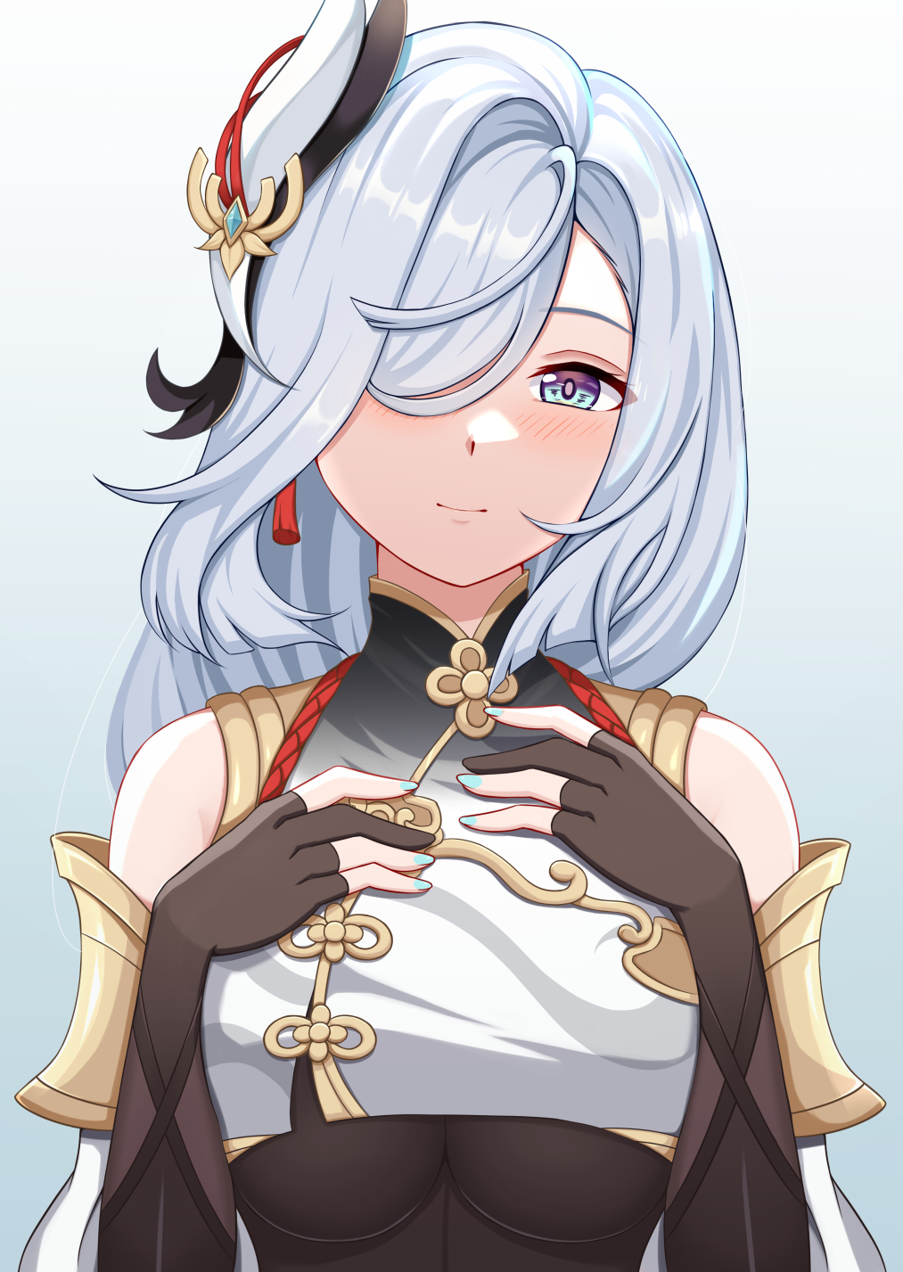 1girls, absurd res, big breasts, black bodysuit, blue eyes, blush, bodysuit, breast press, breast squeeze, breast squish, breasts, female, genshin impact, grey background, hair ornament, hair over one eye, hands on breasts, hi res, highres, huge breasts, large breasts, looking at viewer, lunarscent, midriff, plain background, purple eyes, shenhe (genshin impact), shoulders, simple background, smile, solo, white hair