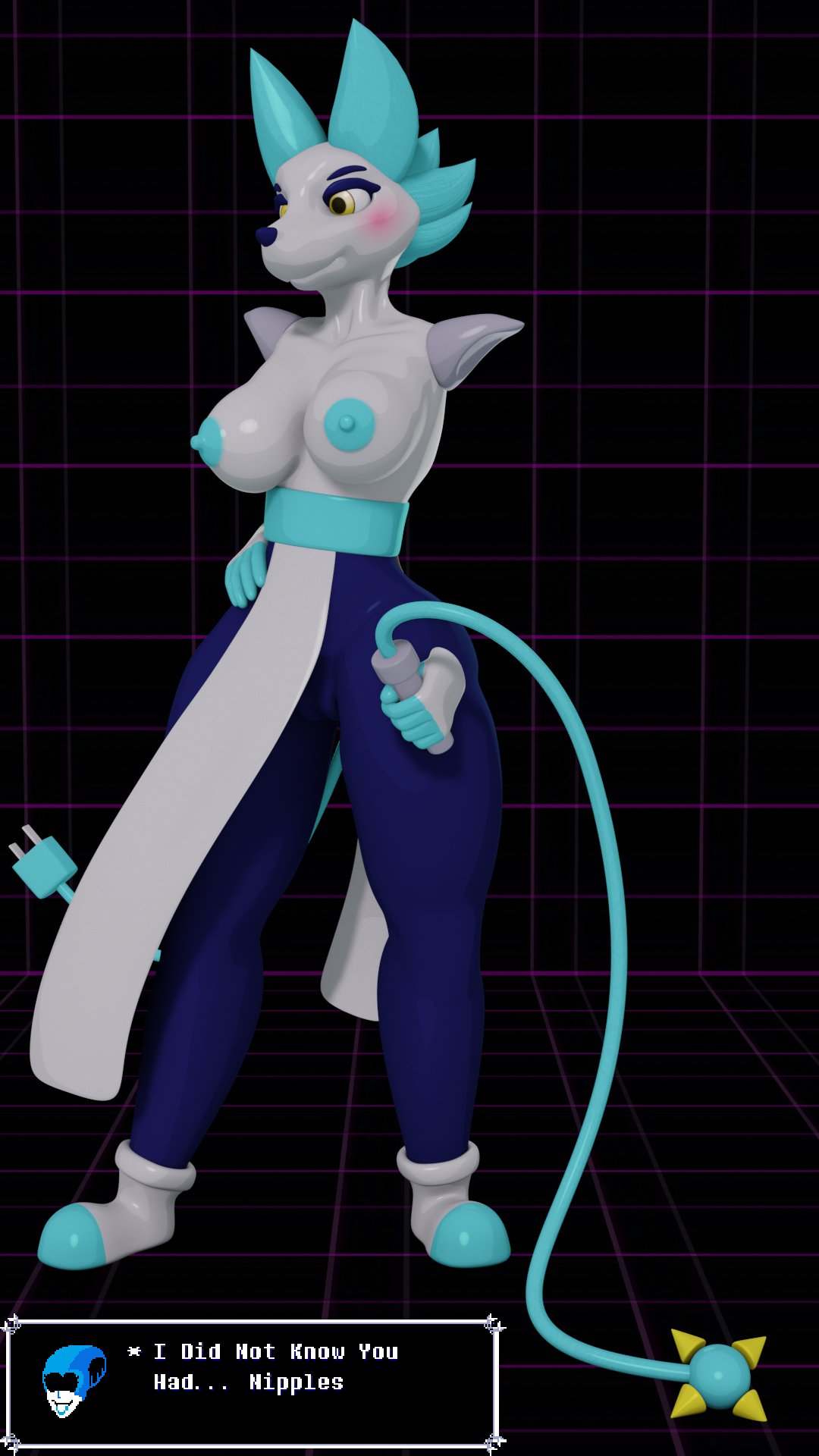 3d 9:16 anthro blender_(software) blush breasts deltarune felid feline female furry genitals highres ineffective_clothing machine mammal nipples pussy robot simple_background solo tasque_manager_(deltarune) thick_thighs undertale_(series) username-password whip