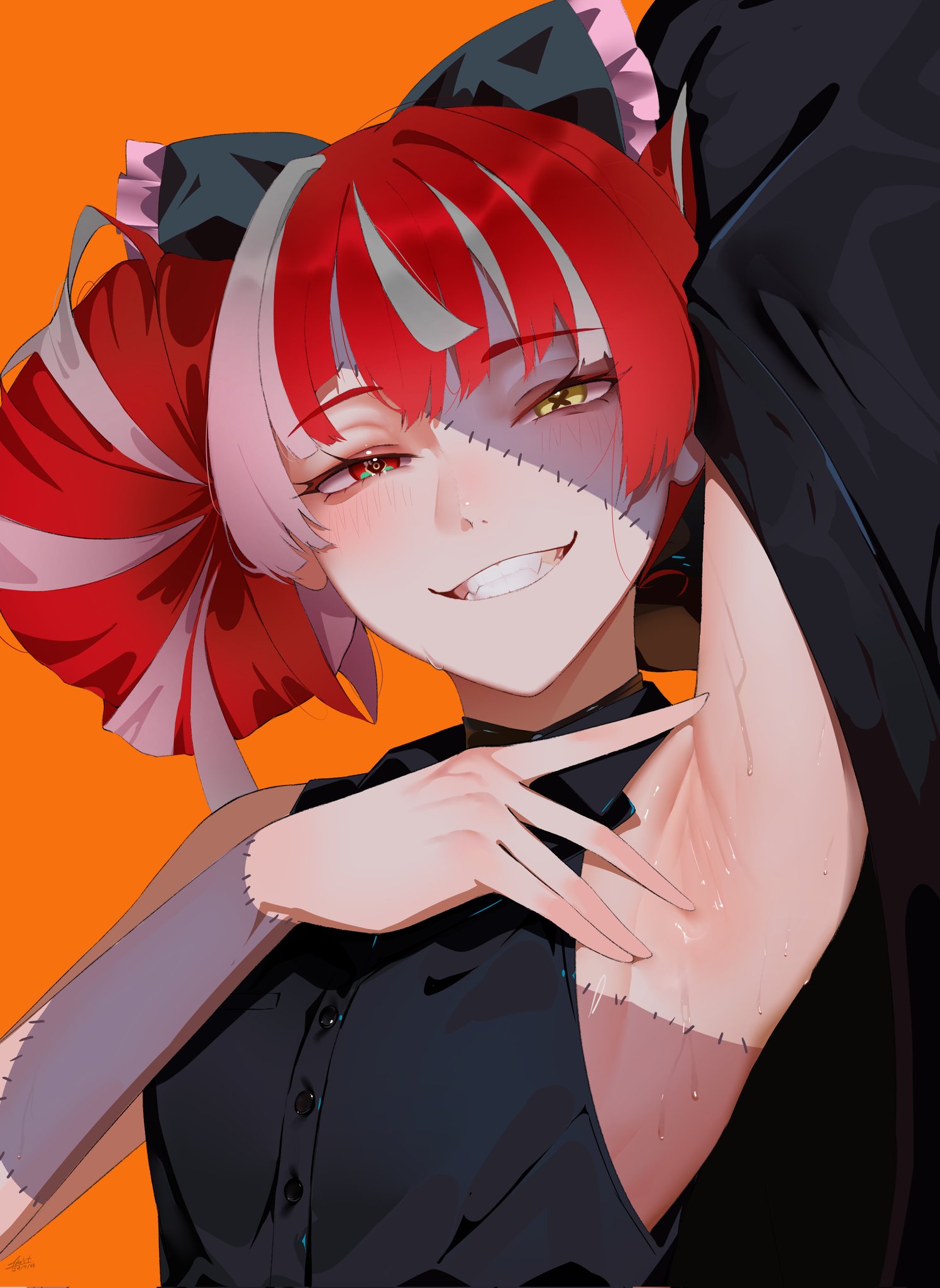 5✩, aou13093, arm up, armpit focus, armpits, bare shoulders, black jacket, black shirt, blush, bow, colored skin, commentary, commission, corrupted twitter file, dated, double bun, english commentary, female, flat chest, grey hair, grey skin, grin, hair bun, hairbow, heterochromia, highres, hololive, hololive indonesia, hololive indonesia holoro, jacket, kureiji ollie, long hair, looking at viewer, multicolored hair, multicolored skin, orange background, patchwork skin, red eyes, red hair, second-party source, shirt, signature, simple background, sleeveless, sleeveless shirt, smile, solo, spread armpit, stitched arm, stitched face, stitched torso, stitches, sweat, symbol-shaped pupils, two-tone skin, upper body, virtual youtuber, x-shaped pupils, yellow eyes, zombie