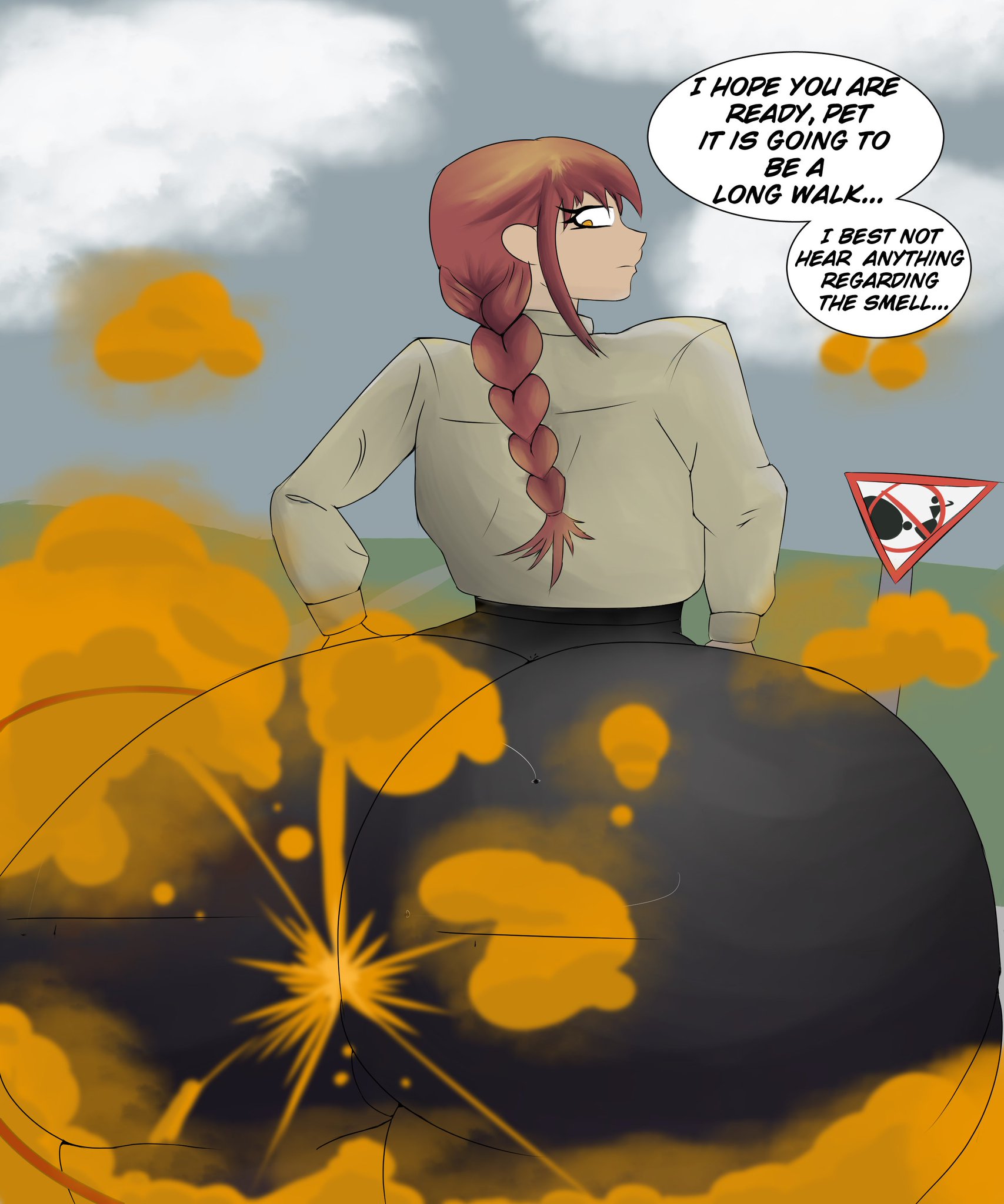 artist request, big ass, big breasts, chainsaw man, fart, fart fetish, hyper ass, leash, makima (chainsaw man), makima fart inflation, meme, outside