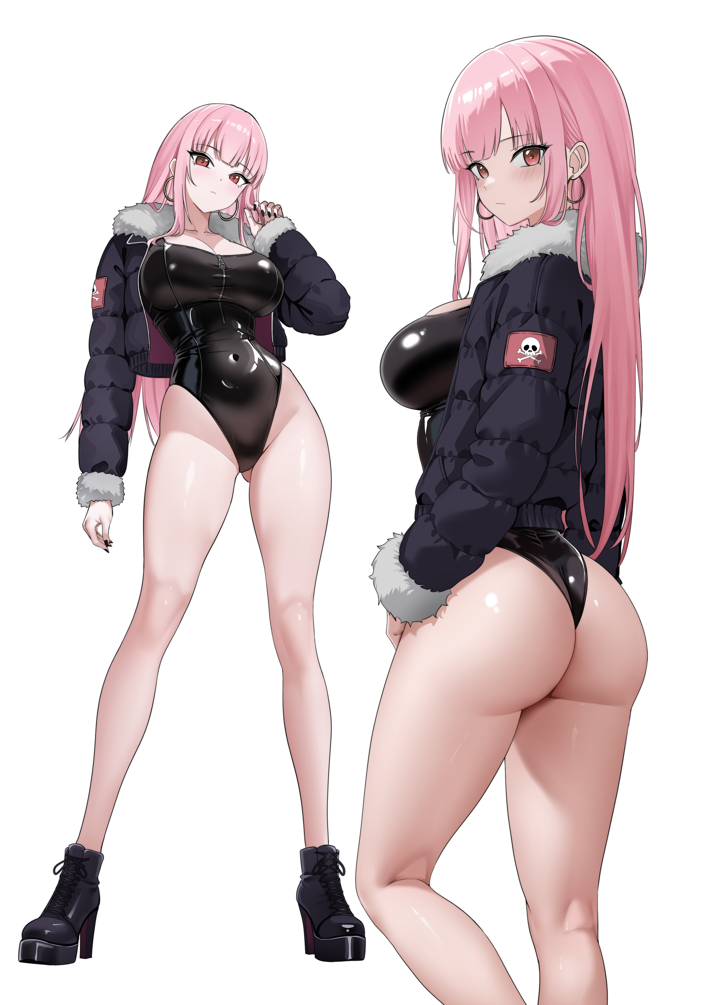 1girls, absurdres, alternate costume, ankle boots, ass, bare legs, black boots, black jacket, black leotard, black nails, blunt bangs, blush, boots, breasts, cleavage, closed mouth, covered navel, earrings, female, female only, fingernails, from behind, from side, full body, fur trim, fur-trimmed jacket, groin, hashtag-only commentary, highleg, highleg leotard, highres, hololive, hololive english, hololive myth, hoop earrings, jacket, jewelry, large breasts, leotard, long hair, long sleeves, looking at viewer, mori calliope, multiple views, open clothes, open jacket, padded jacket, pink hair, platform boots, raikkonen, red eyes, sideboob, simple background, solo, solo female, turning head, virtual youtuber, white background, zipper, zipper leotard