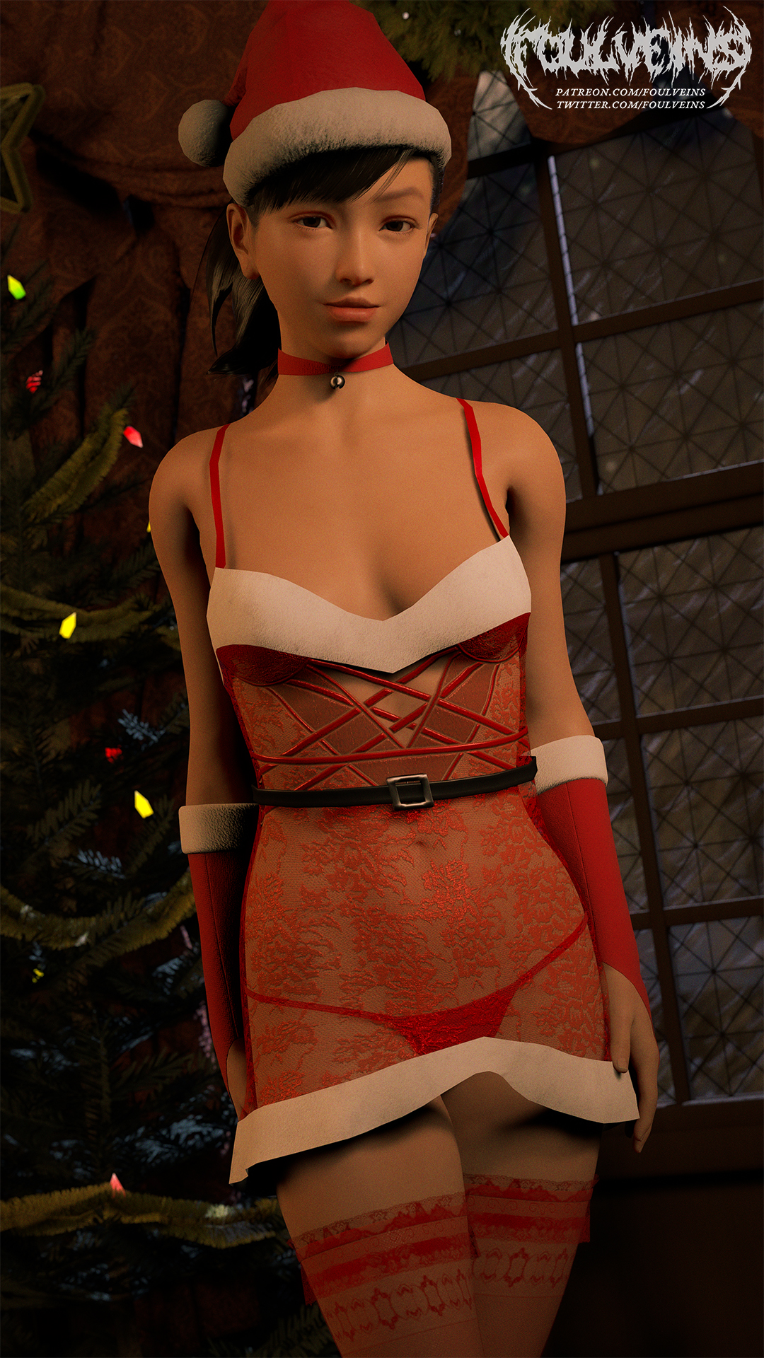 1girls, 3d, black hair, breasts, brown eyes, christmas, female, female only, foulveins, ryuu ga gotoku, santa hat, sawamura haruka, see-through clothing, small breasts, solo