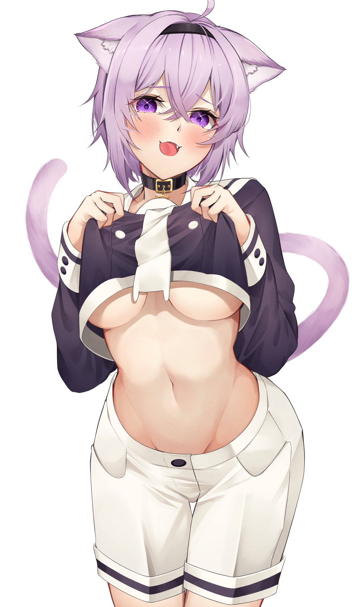 :d, 1girls, ahoge, animal ear fluff, animal ears, black choker, black hairband, black shirt, blush, breasts, cat ears, cat girl, cat tail, choker, clothes lift, cowboy shot, crossed bangs, cute fang, female, hair between eyes, hairband, highres, hololive, hololive gamers, hololive japan, large breasts, lifting own clothes, long sleeves, looking at viewer, navel, nekomata okayu, nekomata okayu (3rd costume), open mouth, purple eyes, purple hair, shirt, shirt lift, short hair, shorts, smile, solo, standing, stomach, tail, underboob, virtual youtuber, white shorts, yuya (yuya illust)