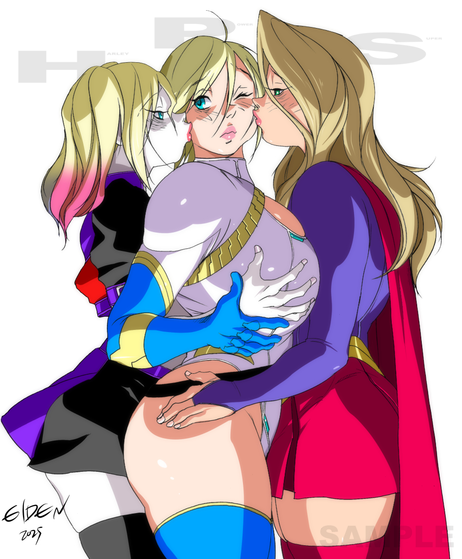 3girls, alien, alien humanoid, alien look like human, alien/human, ass, batman (series), big ass, big breasts, big thighs, blonde female, blonde hair, breasts, breasts bigger than head, bursting breasts, bust, busty, chest, child bearing hips, clown, clown girl, curvaceous, curvy, curvy figure, dc, dc comics, digital media (artwork), eiden, female, harleen quinzel, harley quinn, hips, hourglass figure, huge ass, huge breasts, huge thighs, human, human on humanoid, humanoid, humanoid on human, justice league, justice society of america, kara danvers, kara kent, kara zor-el, karen starr, kryptonian, large ass, large breasts, large thighs, legs, light skin, light-skinned female, mature, mature female, power girl, short hair, slim waist, suicide squad, supergirl, superman (series), thick, thick hips, thick legs, thick thighs, thighs, top heavy, voluptuous, waist, wide hips, wide thighs, yuri