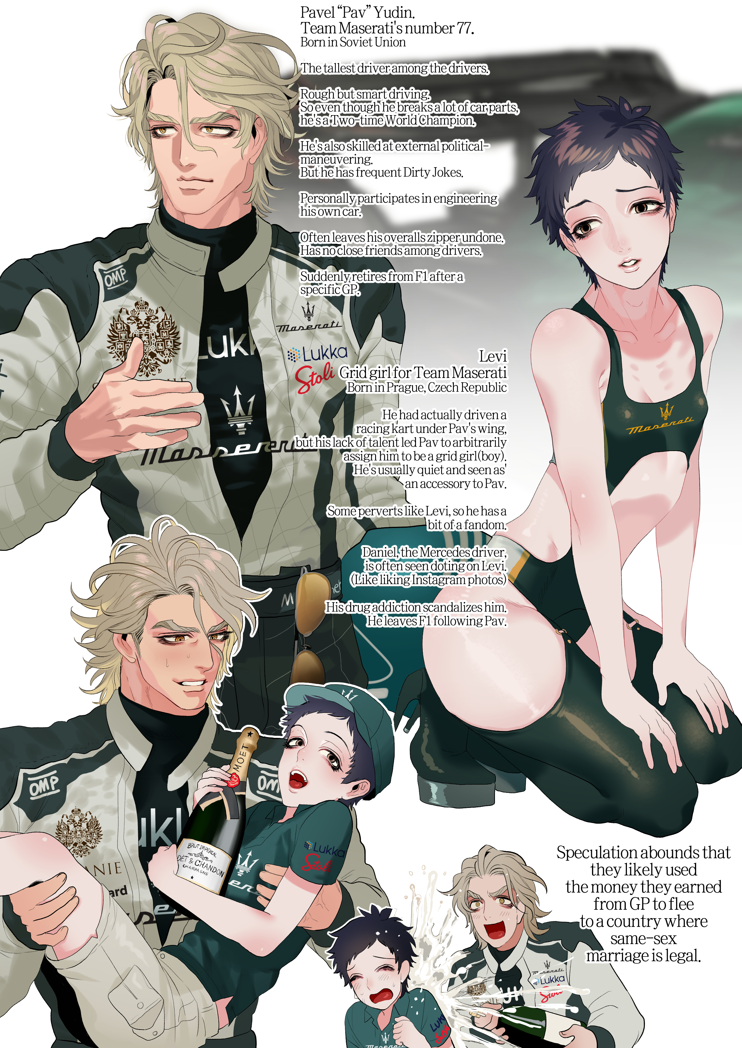 2boys, alternate costume, black hair, black legwear, blonde hair, bodysuit, champagne, crossdressing, english text, eriurias73, fear and hunger, fear and hunger: termina, femboy, formula 1, garter straps, gay, high heels, kneeling, leotard, levi (fear and hunger), male, male only, nipple bulge, pale skin, pale-skinned male, pavel yudin, skin tight, twink, yaoi
