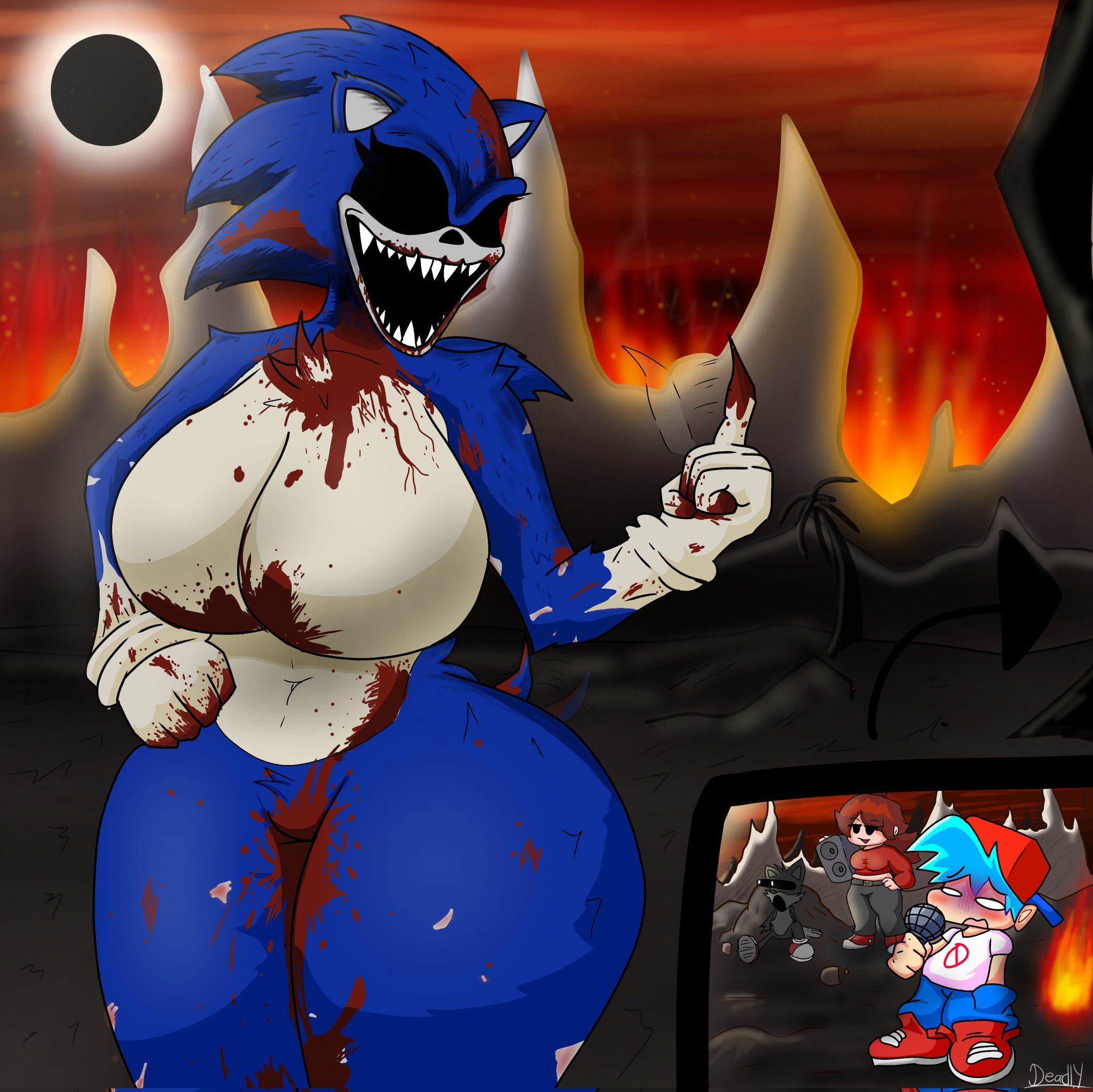 2boys, 2d, 2d (artwork), 2girls, anthro, ass, ass bigger than head, belly, belly button, big breasts, big hips, black eyes, black mouth, blood, blood on body, blood on breasts, blood on chest, blood on face, blood on finger, blood on fingers, blood on hand, blood on mouth, blood on thighs, boyfriend (friday night funkin), breasts, breasts bigger than head, butt, butt bigger than head, clothed, clothes, clothing, creepypasta, cyan hair, detailed background, detailed shading, digital media (artwork), ears, exe (revie), eyelashes, faker gf (friday night funkin), fakussy, female, fire, fire background, friday night funkin, friday night funkin mod, fur, furry, furry female, genderswap, genderswap (mtf), gigantic breasts, gigantic hips, girlfriend (friday night funkin), hat, huge ass, huge breasts, huge butt, huge hips, huge legs, huge thighs, human, humanoid, humanoid breasts, humanoid hands, large breasts, legs, light, light skin, light-skinned female, light-skinned male, looking at another, male, male/female, micro, mouth, mouth open, movement lines, multicolored body, pants, red sky, rule 63, shaded, shaded background, shading, sharp teeth, sharp teeth female, sonic (series), sonic.exe, sonic.exe (series), sun, tails the fox, tapiathiag52803, teeth, thick, thick ass, thick breasts, thick butt, thick hips, thick legs, thick thighs, thighs, thighs bigger than head, video game, video game character, video games