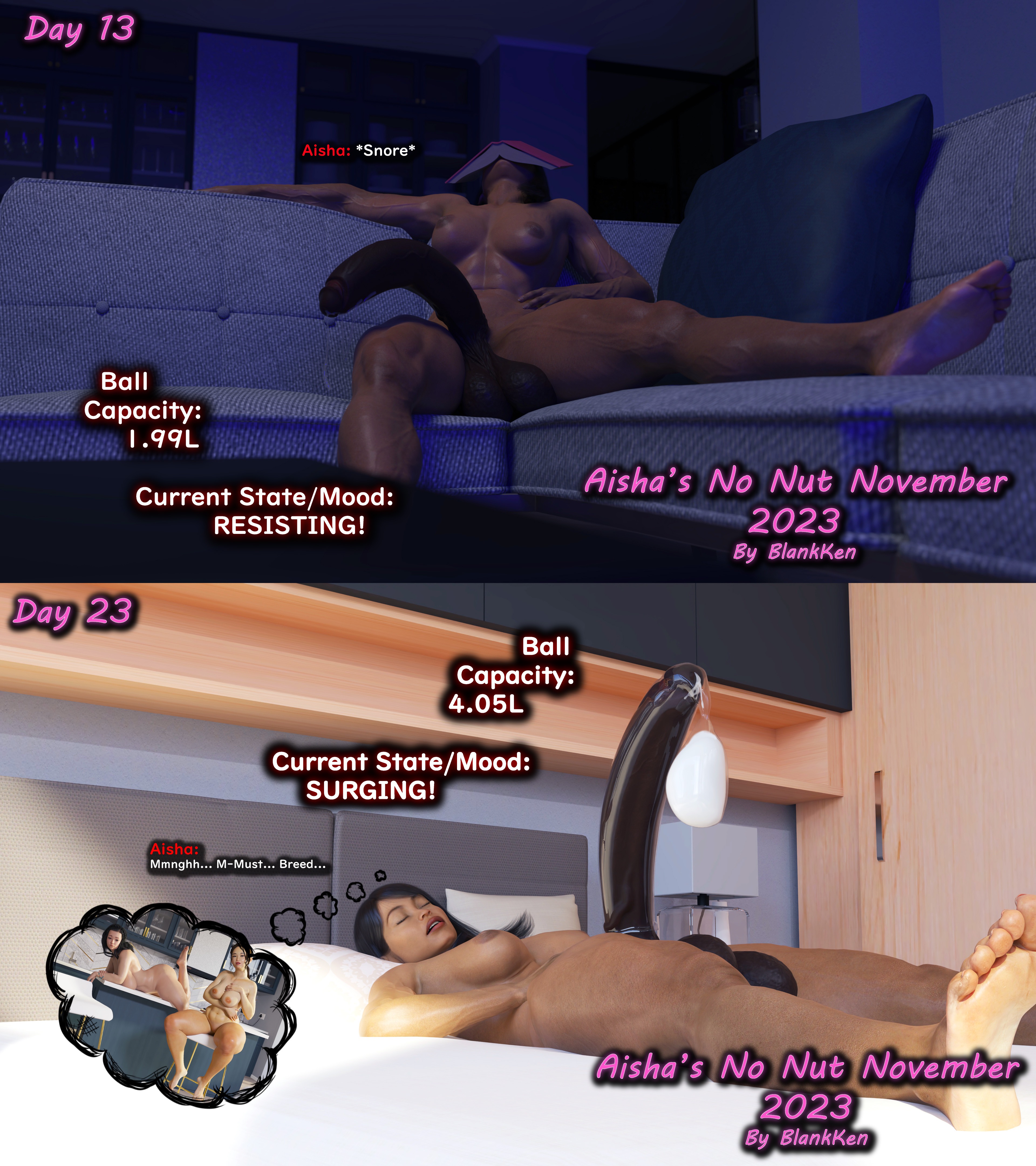 1futa, 2023, 2girls, 3d, aisha (blankken), arabian, arabian futa, big breasts, big penis, blankken, breasts, condom, dark-skinned futa, dreaming, erection, excessive cum, fantasizing, filled condom, fit futa, full-package futa, futanari, huge cock, intersex, leaking cum, miya (blankken), muscular, no nut november, original, original character, penis, selena (blankken), sleeping, text, torture, uncensored, veiny penis