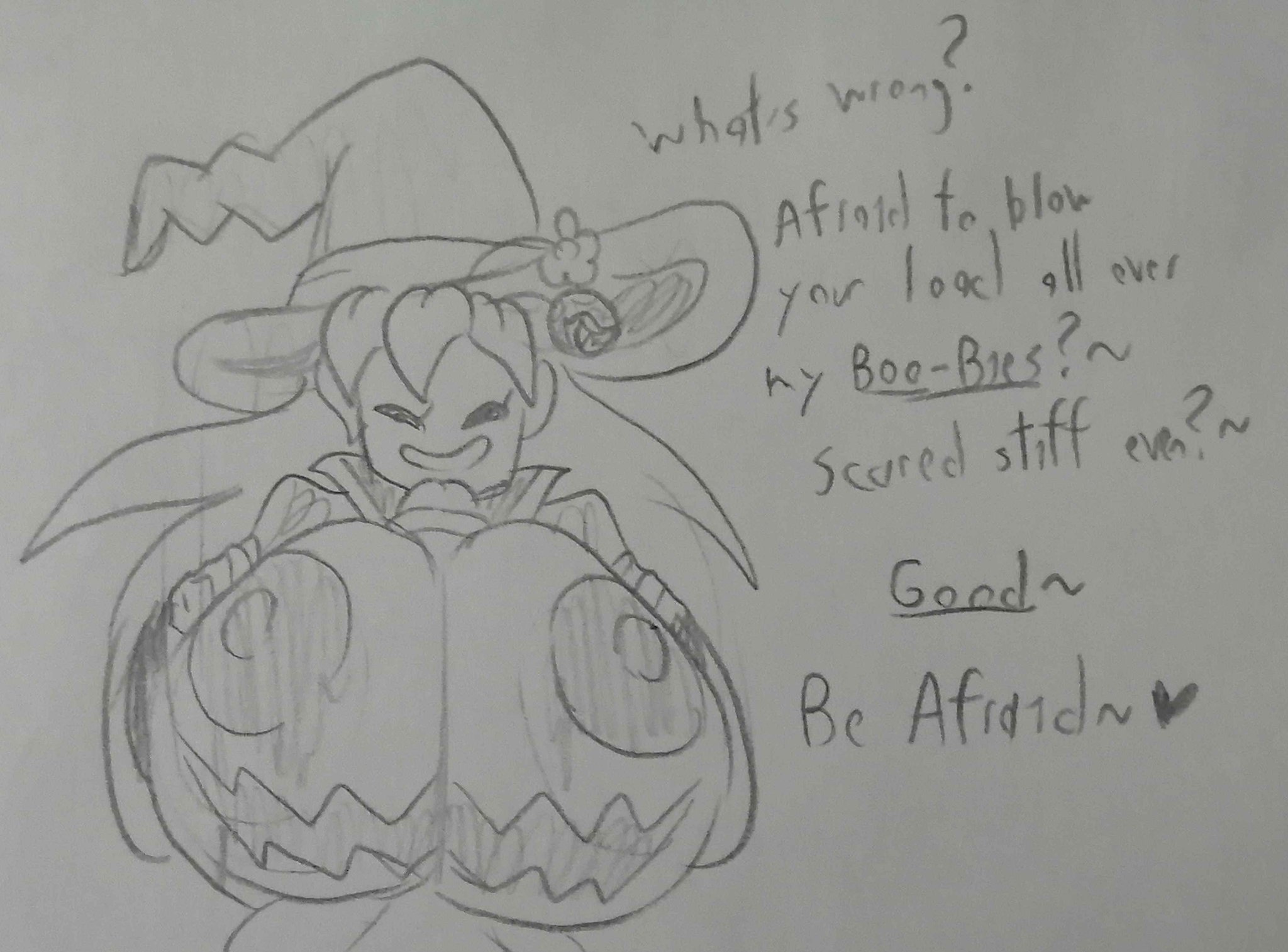 blaster master, blaster master zero 2, breasts, creativehands75, crtvhands, dialogue, fan art, female, funny, halloween, kanna (blaster master), large breasts, painted breasts, pencil (artwork), pun, squished breasts, witch costume, witch hat