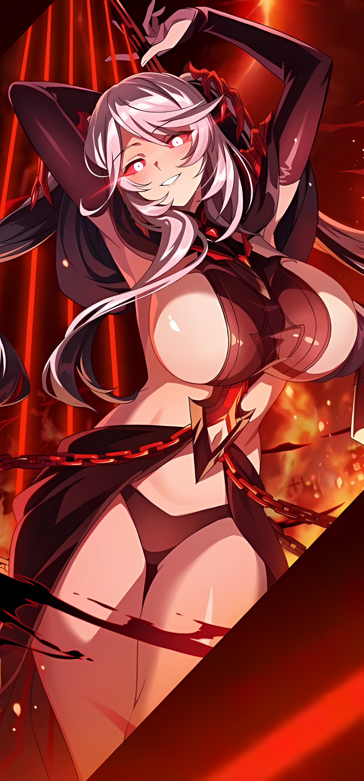 1girls, big breasts, breasts, chains, curvy, curvy figure, demon humanoid, elf female, epsilon (the eminence in shadow), female, hand on head, light skin, light-skinned female, red eyes, semi nude, smile at viewer, solo, the eminence in shadow, the eminence in shadow (apocrypha), thick thighs, transformation, white hair