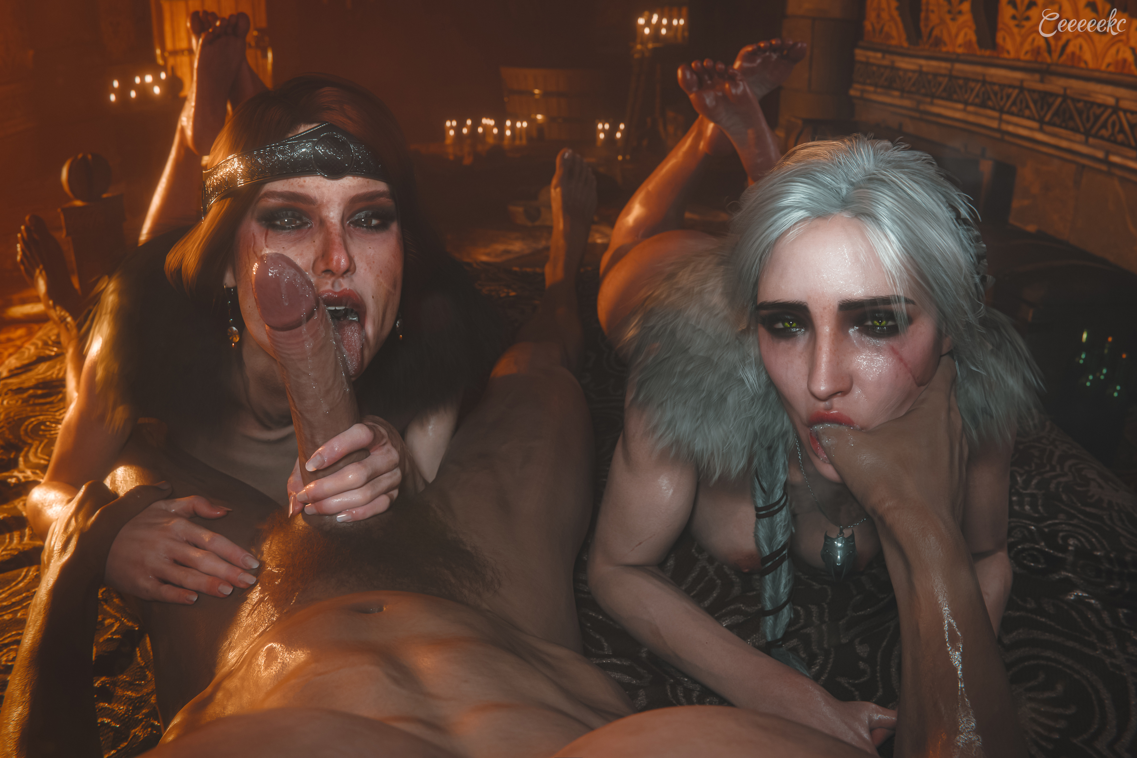 1boy, 2girls, 3d, braid, breasts, cd projekt red, ceeeeekc, cerys an craite, ciri, crown, feet up, female, finger in mouth, freckles, french nails, licking penis, light-skinned female, light-skinned male, looking at viewer, male, mascara, nipples, nude, oral, oral sex, penis, penis grab, precum, red hair, scar, the witcher (series), the witcher 3: wild hunt, the witcher 4, wet body, white hair, witcher medallion