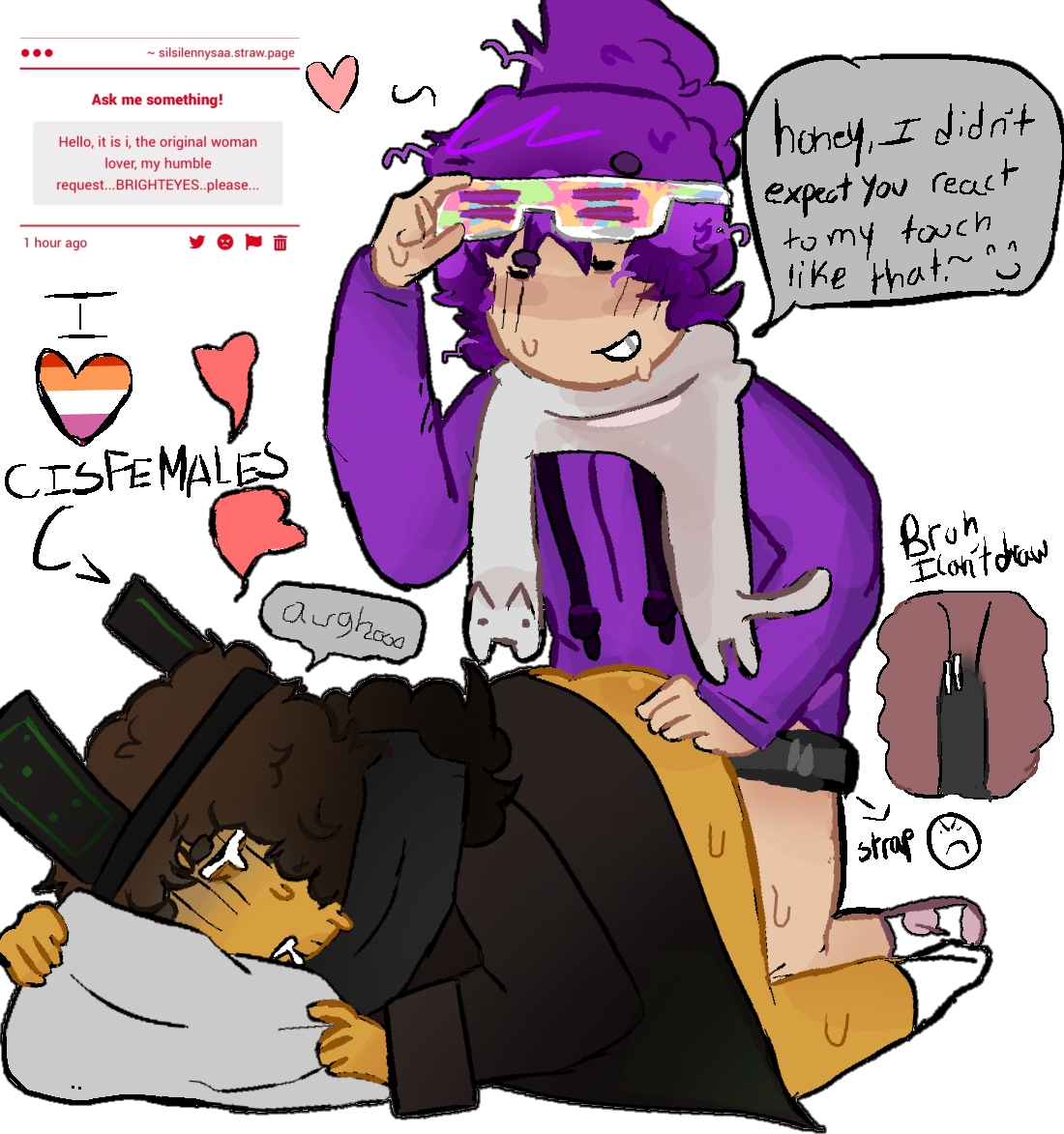 brighteyes, brighteyes (forsaken), cross section, doggy style, drooling, female, forsaken (roblox), gripping pillow, hacklord shedletsky, on knees, roblox, roblox admins, roblox game, robloxian, rule 63, self upload, shedletsky, shedletsky (forsaken), strapon, tagme, tagme (artist), tears, teasing, wlw, yuri