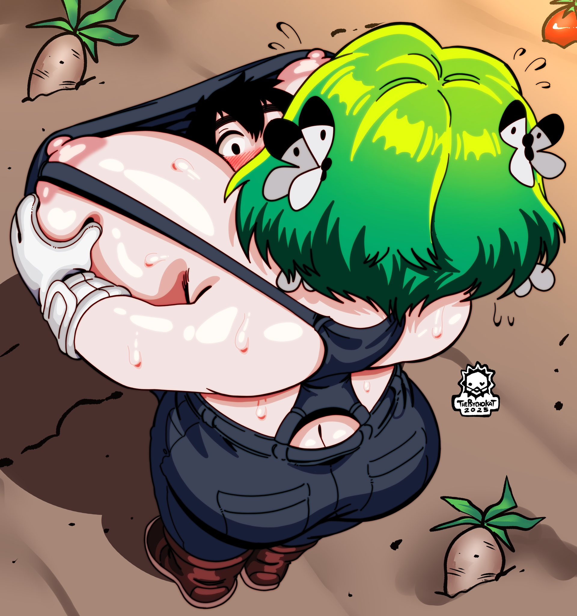 1boy, 1boy1girl, 1girl1boy, 1girls, 1male, 2025, aijou rentarou, arms up, artist logo, artist name, big boobs, big breasts, big tits, black hair, boobs, breasts, busty female, butterfly, female, female focus, green hair, hi res, hiding, high quality, high resolution, highres, huge boobs, huge breasts, kimi no koto ga dai dai dai dai daisuki na 100-nin no kanojo, looking at viewer, looking down, looking up, male, nipples outside, overalls, radish, shovel, sweat, sweatdrop, sweating, thepsychokat, thick ass, thick thighs, tits, tomato, voluptuous female, yasashiki yamame