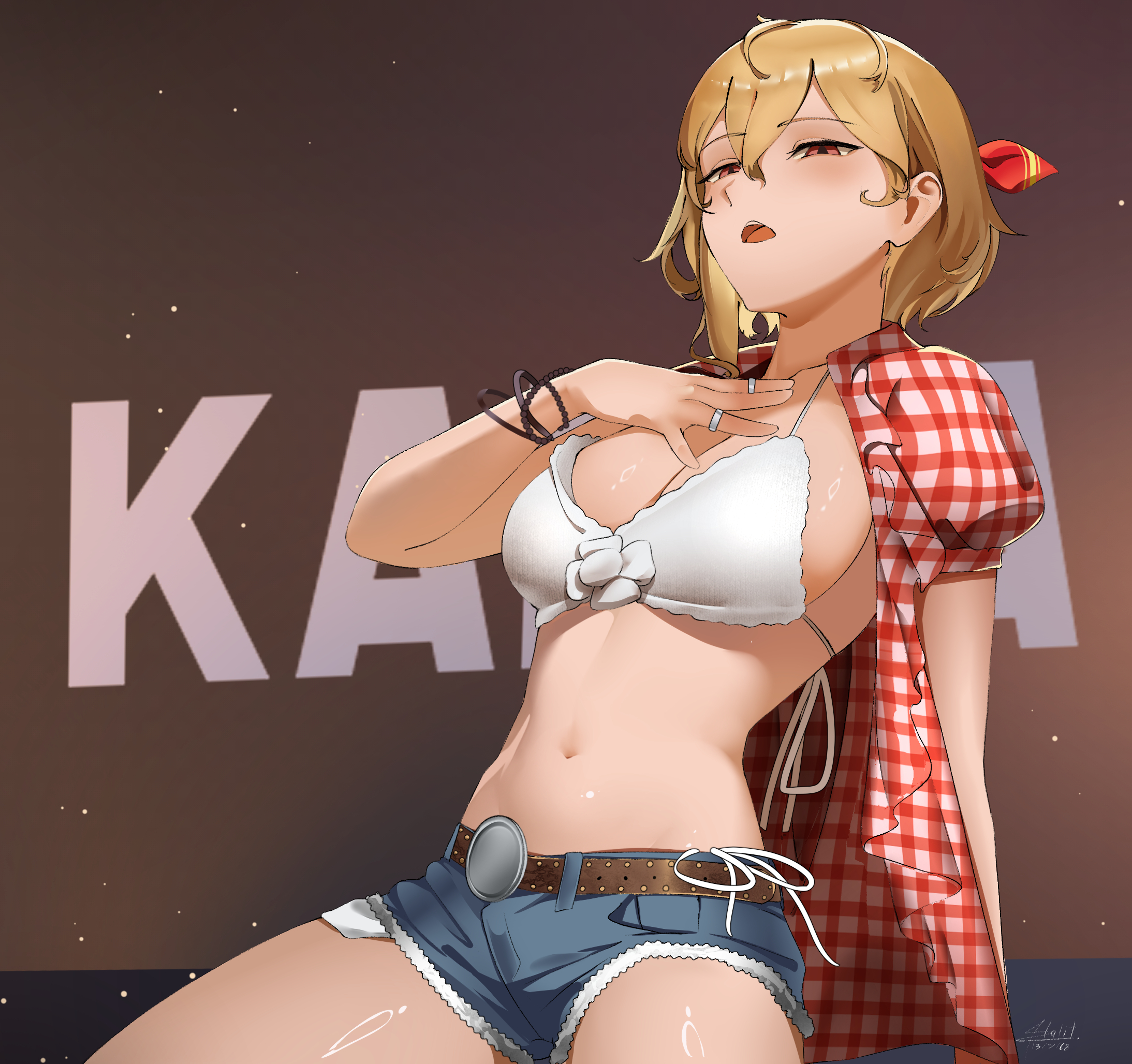 aou13093, belt, belt buckle, bikini, blonde hair, blue shorts, bracelet, breasts, brown belt, buckle, cosplay, denim, denim shorts, female, hashtag-only commentary, highres, hololive, hololive indonesia, hololive indonesia holoh3ro, jewelry, kaela kovalskia, kwon eun-bi, kwon eun-bi (cosplay), large breasts, navel, open clothes, open shirt, photo-referenced, plaid clothes, plaid shirt, red eyes, red shirt, shirt, short shorts, shorts, solo, swimsuit, virtual youtuber, waterbomb, white bikini