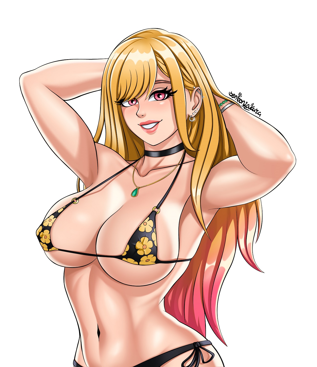 1female, 1girls, alluring, armpits, arms up, big breasts, bikini, blonde female, blonde hair, blonde-haired female, blush, blushing at viewer, breasts, cleavage, collar, female, female focus, female only, flowers, focused, front view, gyaru, huge breasts, human, kitagawa marin, light skin, light-skinned female, lips, lipstick, long hair, looking at viewer, makeup, marin kitagawa, my dress up darling, necklace, patreon, petite, pink eyes, seductive, seductive look, senbonzakuraart, sensual, sensual look, slim waist, small bikini, smile, smiley face, smiling, smiling at viewer, sono bisque doll wa koi wo suru, thicc thighs, thick hips, thick legs, thick thighs, thighs, voluptuous, voluptuous female, white background
