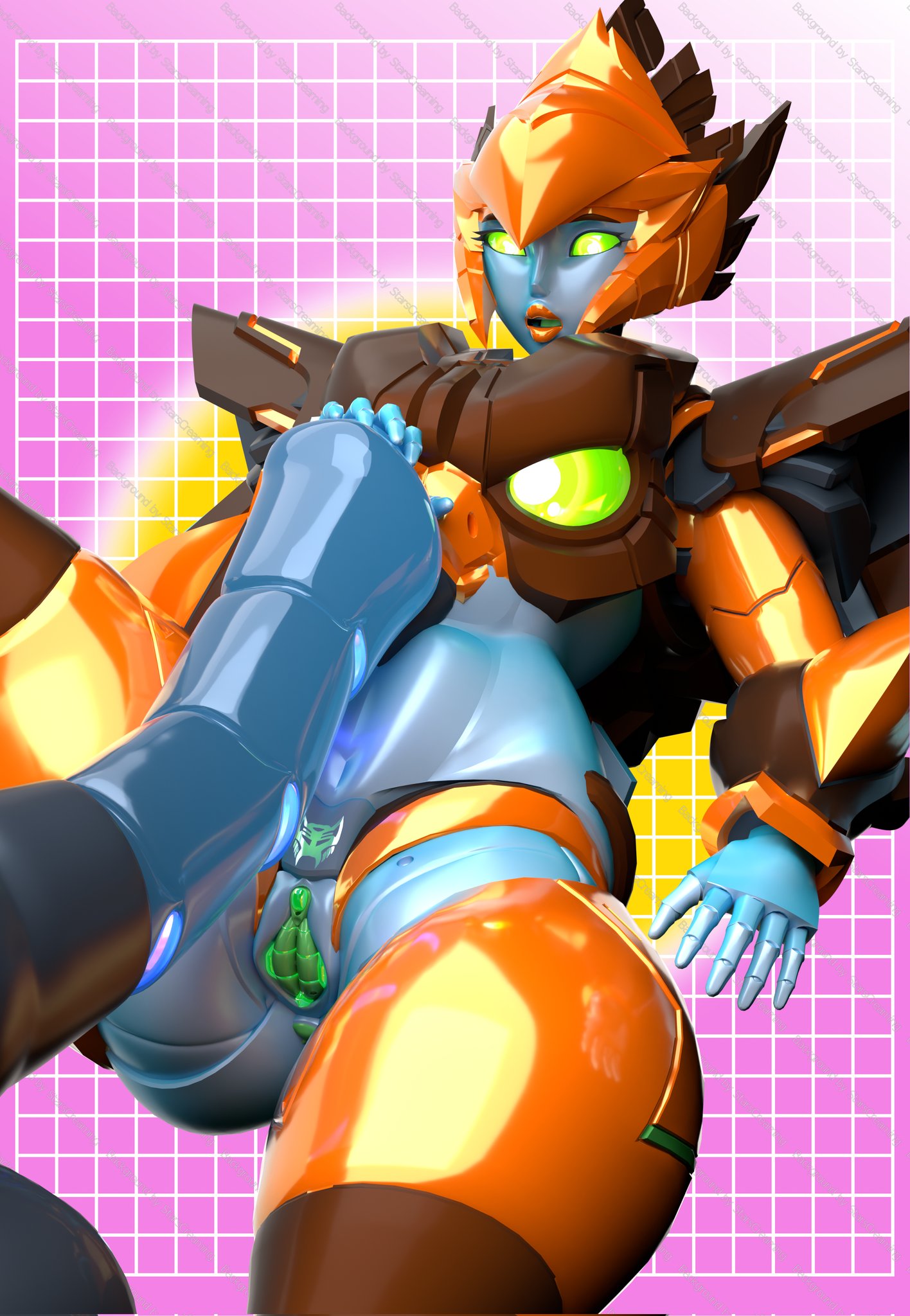 2026, 3d, 3d (artwork), 3d render, airazor, anthro, anthro female, beast wars, bird, bird girl, covered breasts, cybertronian, green eyes, green pussy, horsecock, lifting leg, maximal, mechanical penis, mechanical pussy, robot, robot girl, soundpunk501, straight, thick thighs, transformers, visible pussy