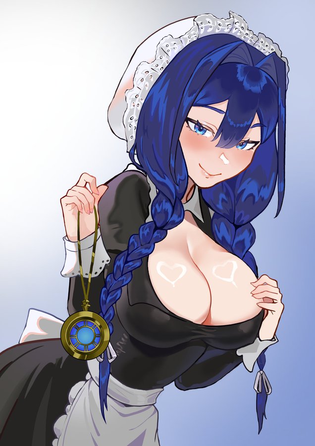 1girls, apron, blue eyes, blue hair, braid, breasts, cleavage, dopeybunni, female, female only, hair intakes, holding, holding pocket watch, hololive, hololive english, hololive english -council-, hololive english -promise-, hypnosis, large breasts, maid, maid headdress, maid uniform, mind control, ouro kronii, ouro kronii (maid), pocket watch, smile, tagme, uniform, virtual youtuber