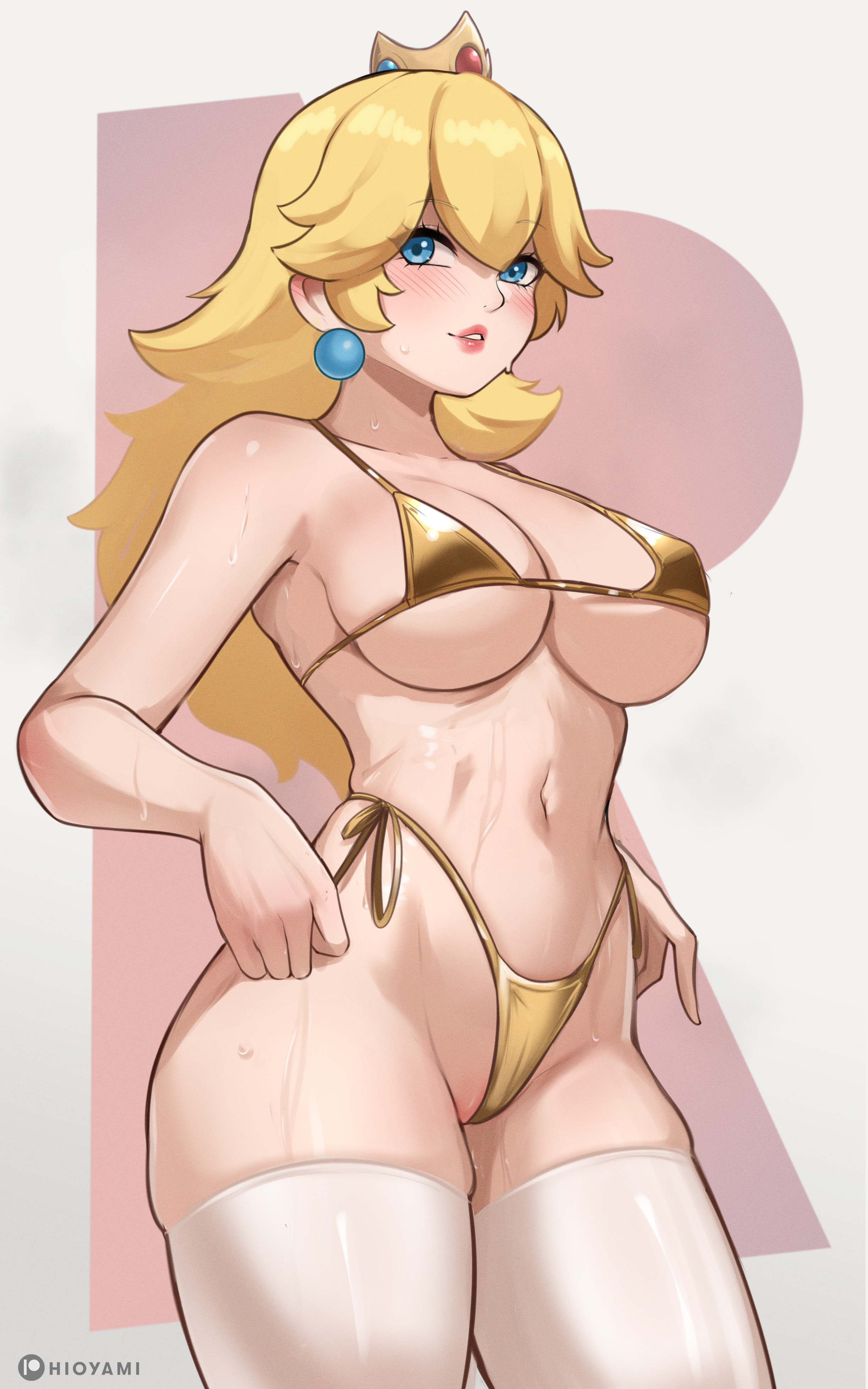 1girls, big breasts, breasts, curvaceous, curvy, curvy female, female, female focus, female only, hioyami, huge breasts, large breasts, light skin, light-skinned female, mario (series), princess peach, revealing clothes, slim waist, solo female, thick thighs, thighhighs, thighs
