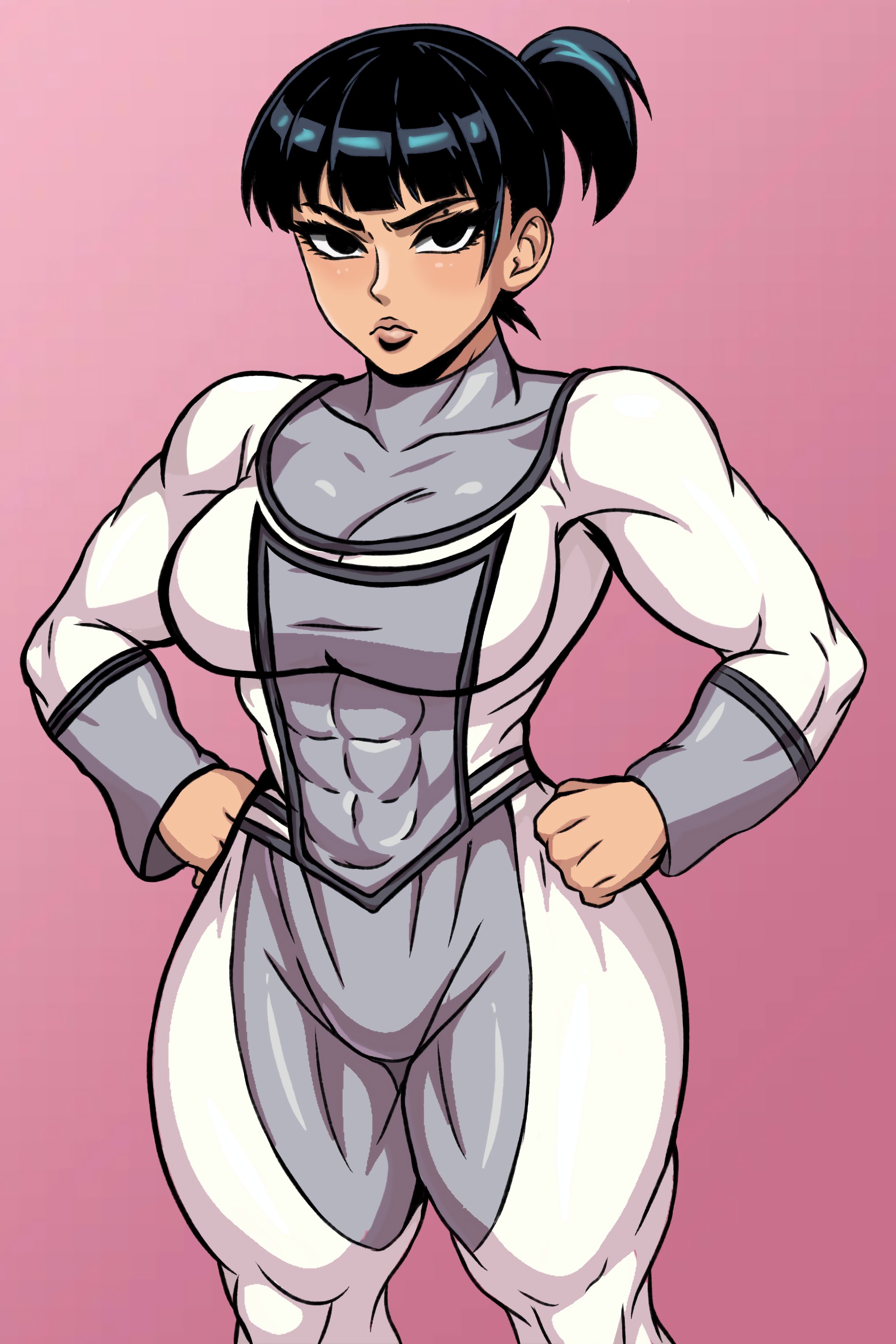 1girls, ai generated, big breasts, big thighs, black eyes, black hair, blannis art (style), breasts, female, femvincible, invincible, invincible (comics), invincible (tv series), mark grayson, muscular, muscular female, mustache mark (invincible), ponytail, pose, posing, serious, solo, solo female, solo focus, tagme, viltrumite, white clothing, wide hips