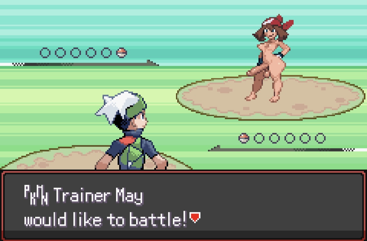 1futa, anthroemerald, balls, battle, breasts, brendan (pokemon), futanari, hand on hip, huge ass, huge cock, huge penis, intersex, may (pokemon), nipples, nude, penis, pixel art, pokemon, pokemon anthro emerald, pokemon rse, presenting penis, public, public nudity, smile, tagme
