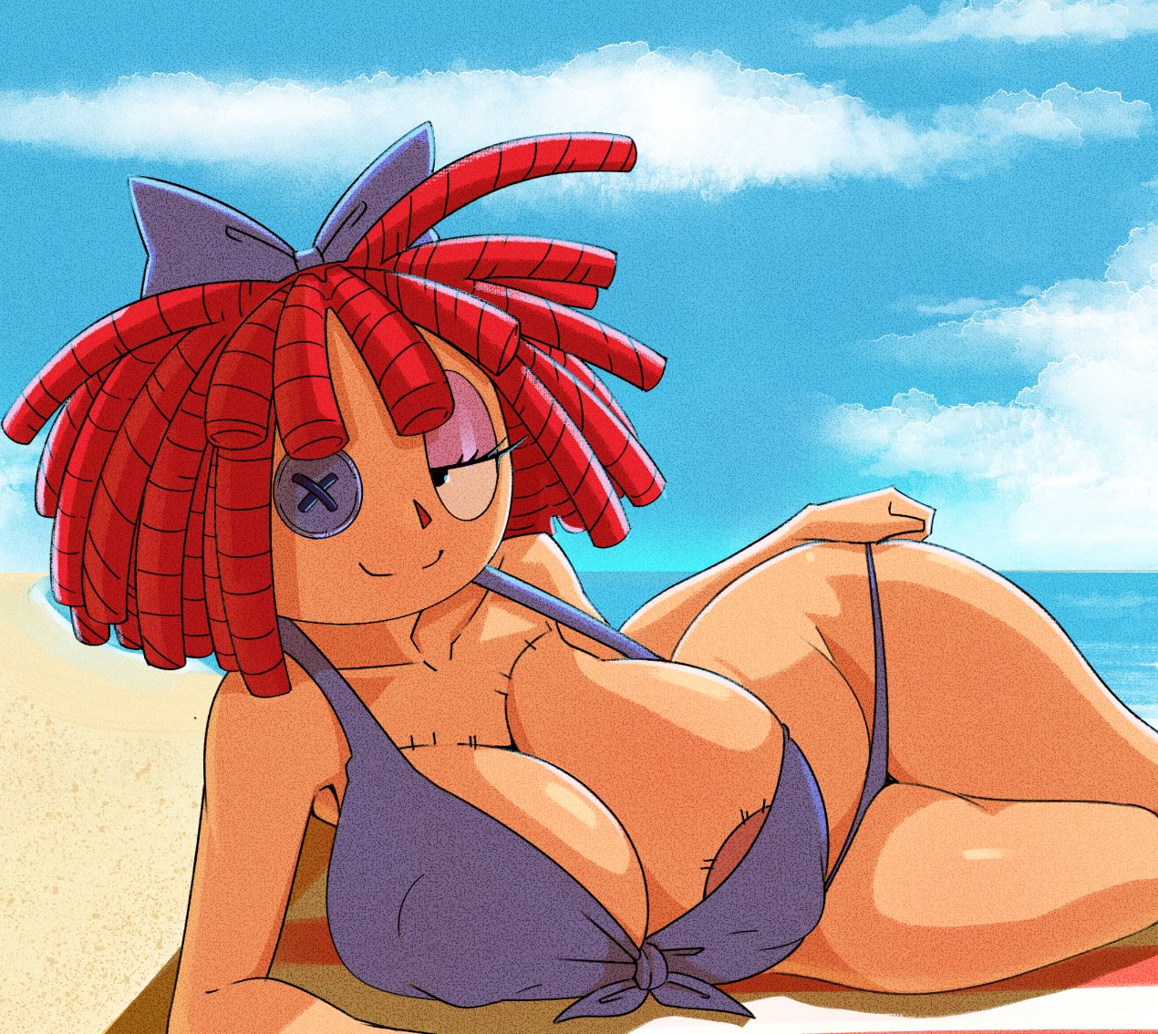 1girls, 2025, areolae, beach, bedroom eyes, bikini, bow, breasts, button eye, doll, female, glitch productions, god1annie, gooseworx, large ass, large breasts, ragatha, ragatha (tadc), ragatha (the amazing digital circus), ragdoll, red hair, seductive look, solo female, swimsuit, tagme, the amazing digital circus
