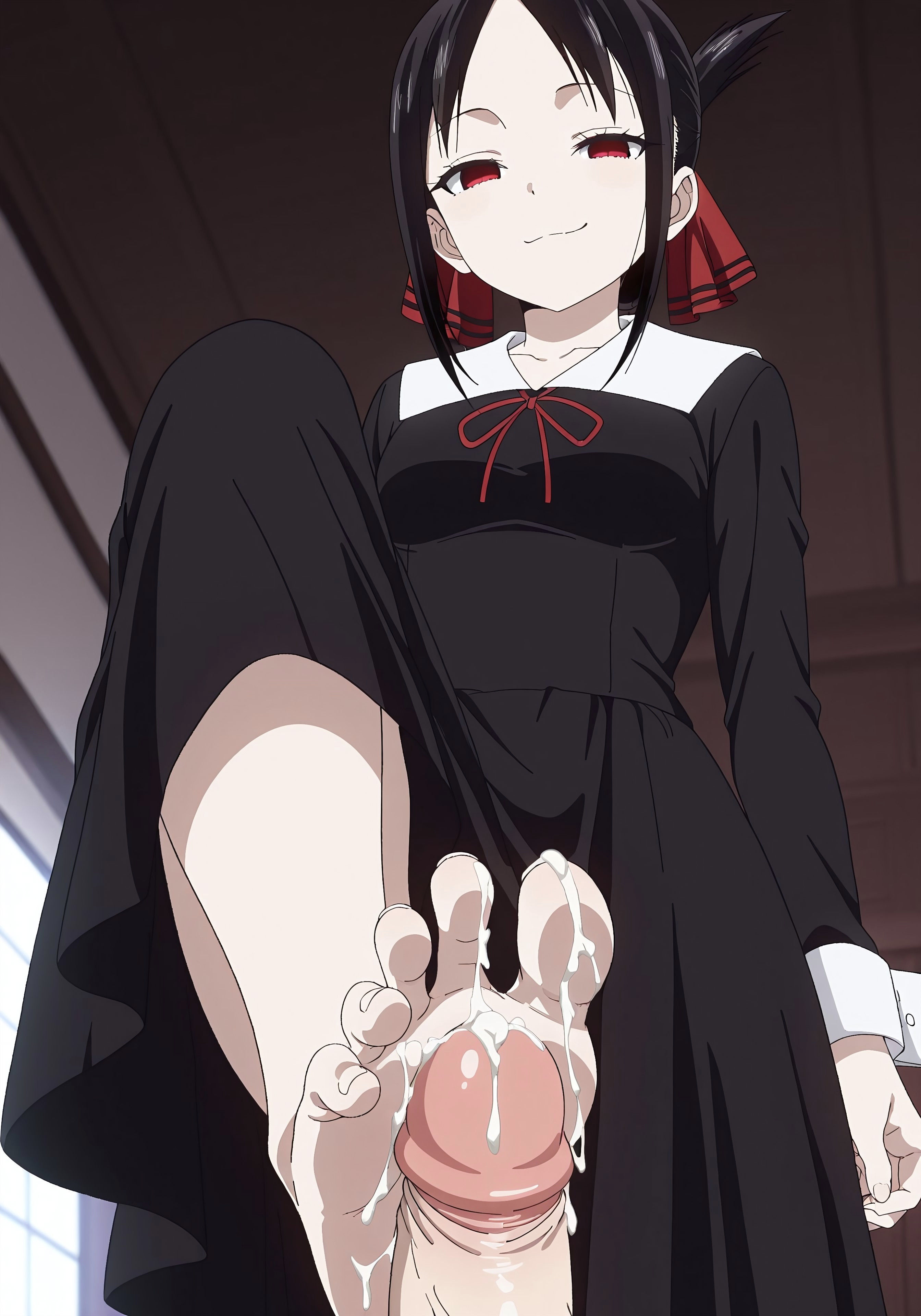 1boy, 1girls, ai generated, barefoot, cum, feet, female, foot fetish, footjob, kaguya-sama wa kokurasetai ~tensai-tachi no renai zunousen~, male, penis, shinomiya kaguya