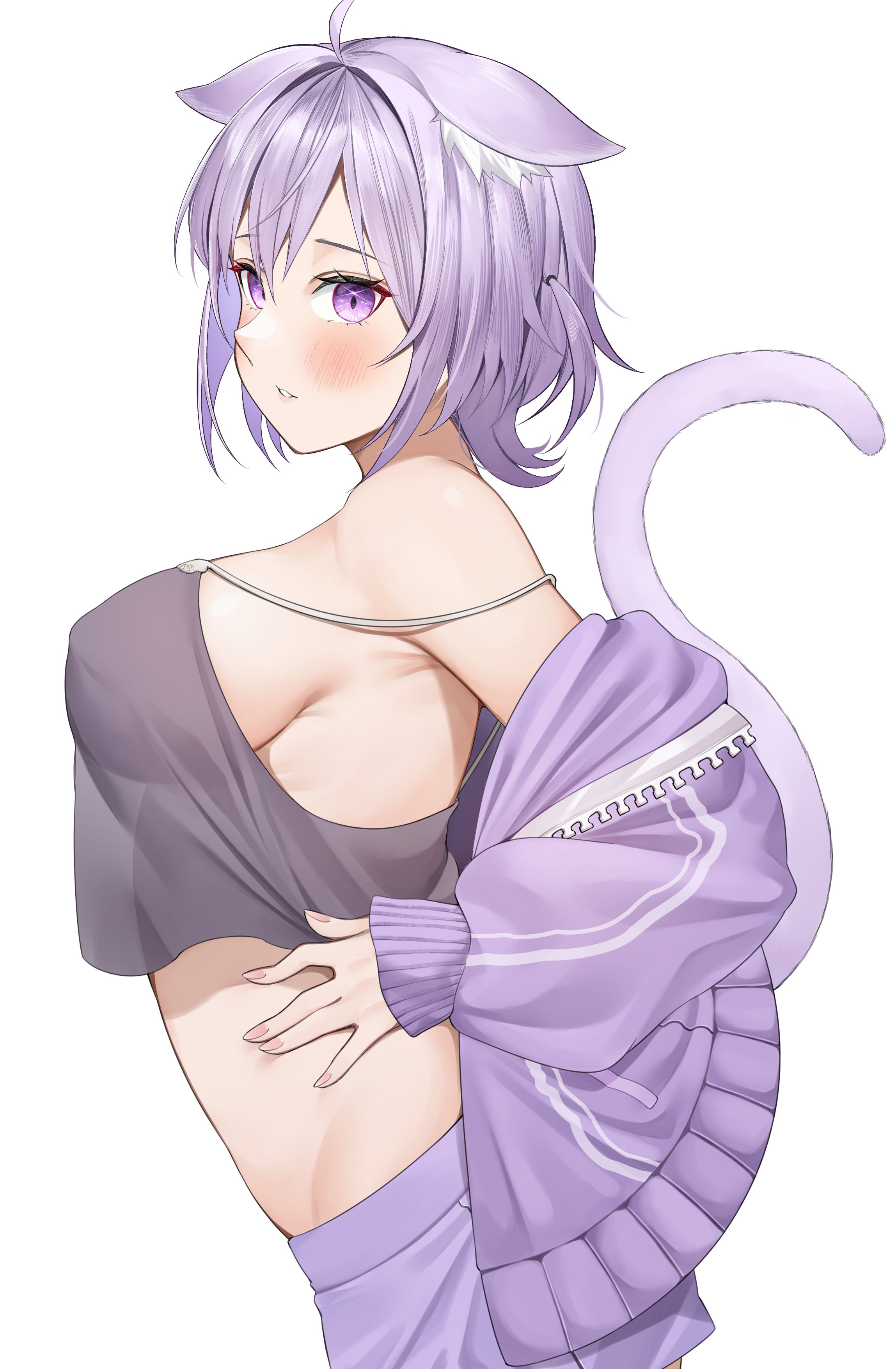 absurdres, animal ear fluff, animal ears, blush, breasts, cat ears, cat girl, cat tail, female, highres, hololive, hololive gamers, hololive japan, jacket, large breasts, looking to the side, medium hair, nekomata okayu, nekomata okayu (membership), official alternate costume, open clothes, open jacket, purple eyes, purple hair, see-through clothes, sideboob, simple background, strap slip, tail, two side up, virtual youtuber, white background, yuya (yuya illust)