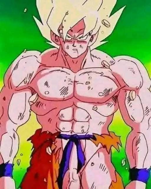 abs, bara, blonde hair, collarbone, convenient censoring, dragon ball, dragon ball z, edit, edited screencap, floating, gay, green background, green eyes, huge cock, long hair, male, muscular, muscular male, namek, namek saga, penis, screencap, son goku, super saiyan, torn clothes, veiny penis, wounded, wristband, yaoi