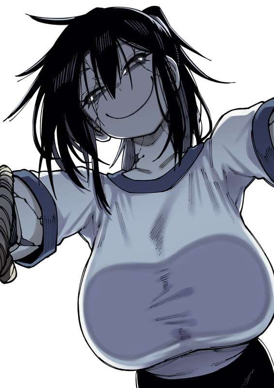 ayakakashi, black hair, boob focus, bottom view, breasts, breasts bigger than head, breasts focus, cleavage, female, female focus, female on top, female only, focus, gym, gym clothes, gym shirt, gym uniform, hanging breasts, karasu raven, large breasts, looking at viewer, monster girl, pov, scarecrow, silent hill, silent hill f, smile, smiling, smiling at viewer, white background