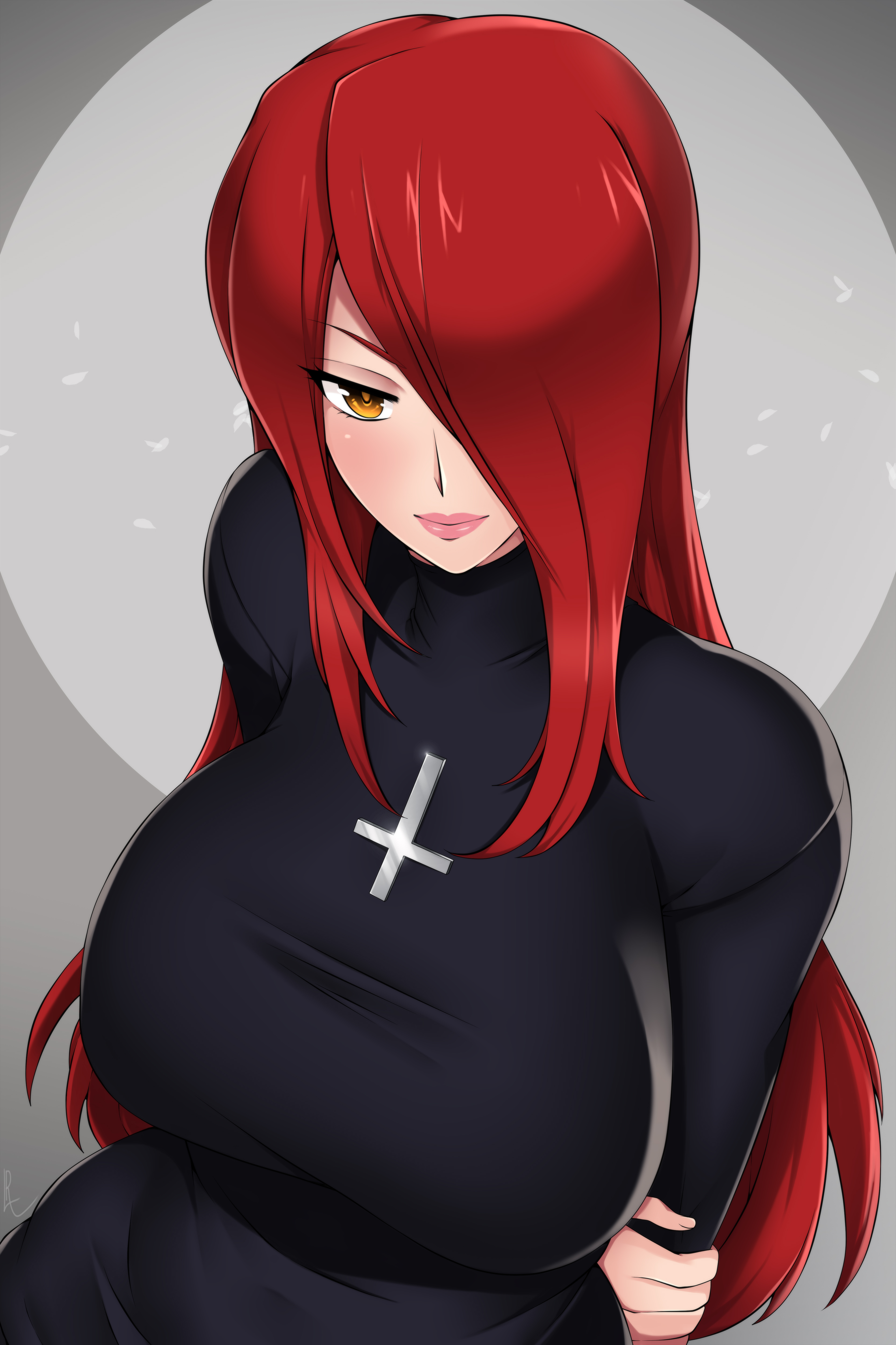 alternate version available, black topwear, blush, breasts, busty, cross, crucifix, female, lindaroze, parasoul, red hair, redhead, skullgirls, solo, staring, tagme