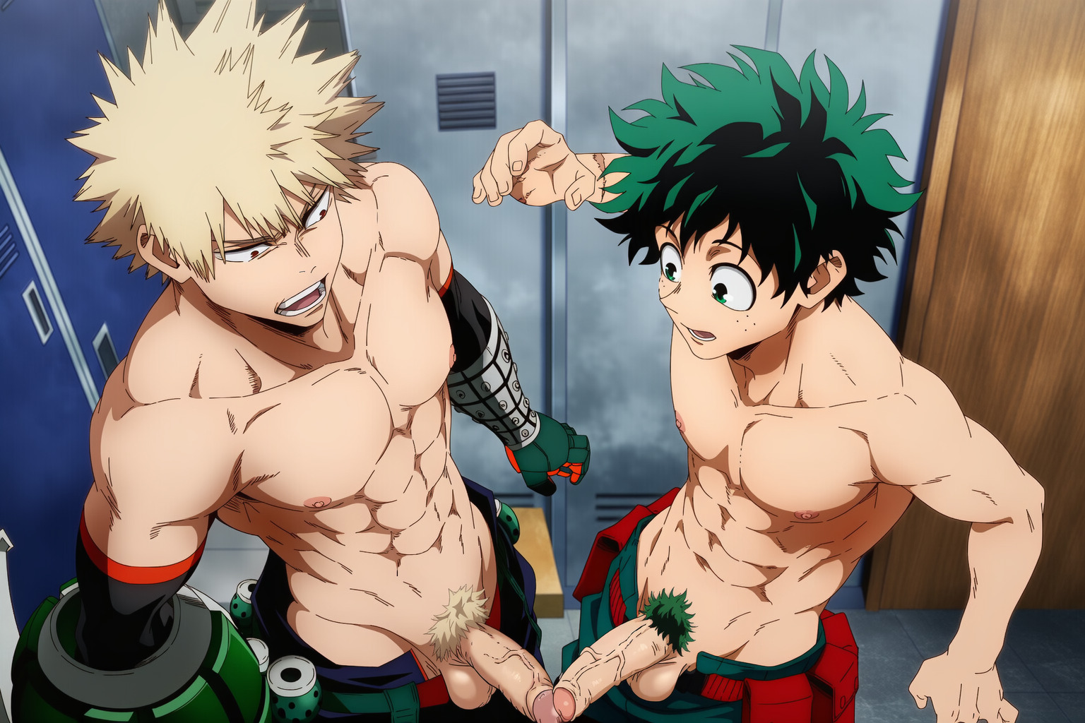 2boys, ai generated, blonde pubic hair, comparing penis, deku, dynamight, gay, gilxxgamesh, green pubes, hero outfit (mha), izuku midoriya, katsuki bakugou, male, my hero academia, naked, penis, yaoi