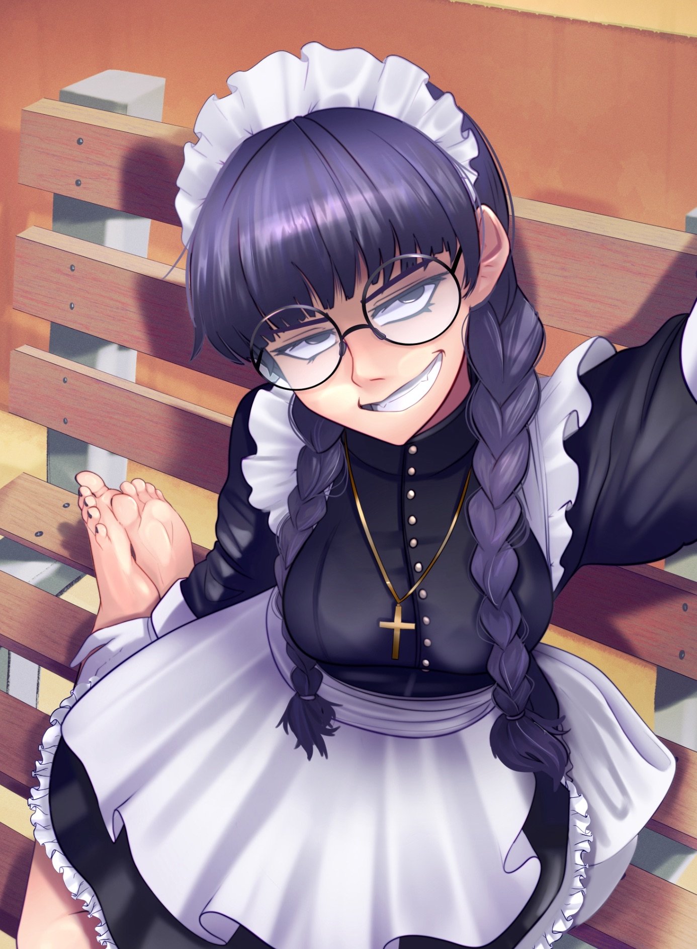 apron, arm up, barefoot, black dress, black lagoon, blysill, braid, breasts, chair, commentary, commission, cross, cross necklace, day, dress, english commentary, feet, female, gloves, grey eyes, hair over shoulder, highres, impossible clothes, impossible dress, jewelry, long sleeves, looking at viewer, maid, maid apron, maid headdress, medium breasts, nail polish, necklace, on chair, outdoors, purple hair, purple nails, roberta (black lagoon), round eyewear, shadow, sitting, smile, solo, teeth, toenail polish, toenails, toes, twin braids, white apron, white gloves