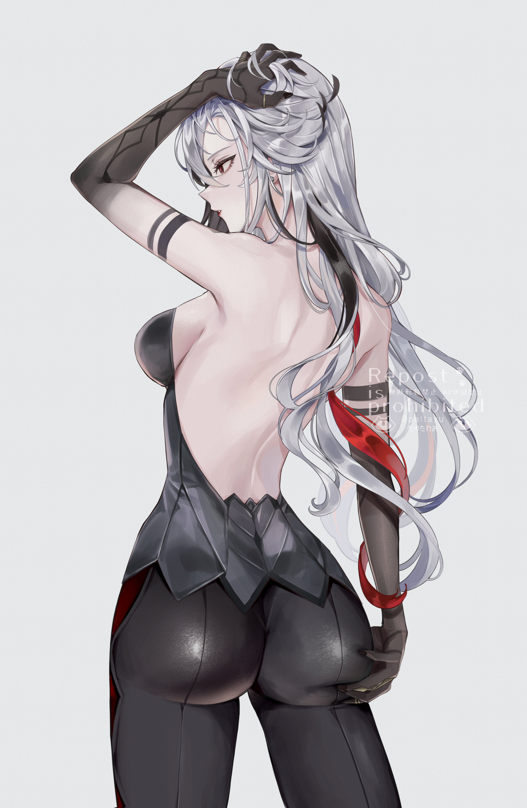 absurdres, arlecchino (genshin impact), arm up, ass, back, backless outfit, bare back, bare shoulders, black eyes, black pants, black shirt, breasts, commentary request, duplicate, female, from behind, genshin impact, highres, large breasts, long hair, multicolored hair, pants, parted lips, pi tayuko, pixel-perfect duplicate, red lips, red pupils, shirt, simple background, solo, streaked hair, very long hair, wavy hair, white background, white hair