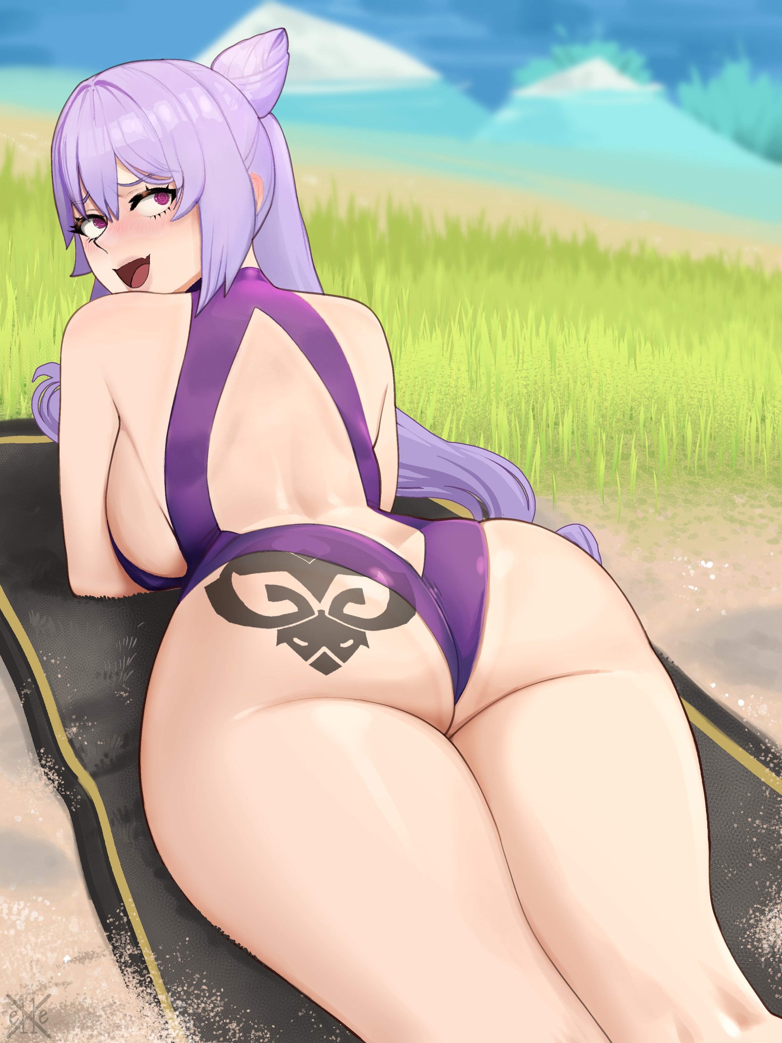 1girls, big ass, big breasts, big butt, breasts, bubble ass, bubble butt, female, female focus, female only, genshin impact, keqing (genshin impact), large ass, large breasts, large butt, laying down, laying on stomach, pale skin, pale-skinned female, solo, solo female, solo focus, x e11e