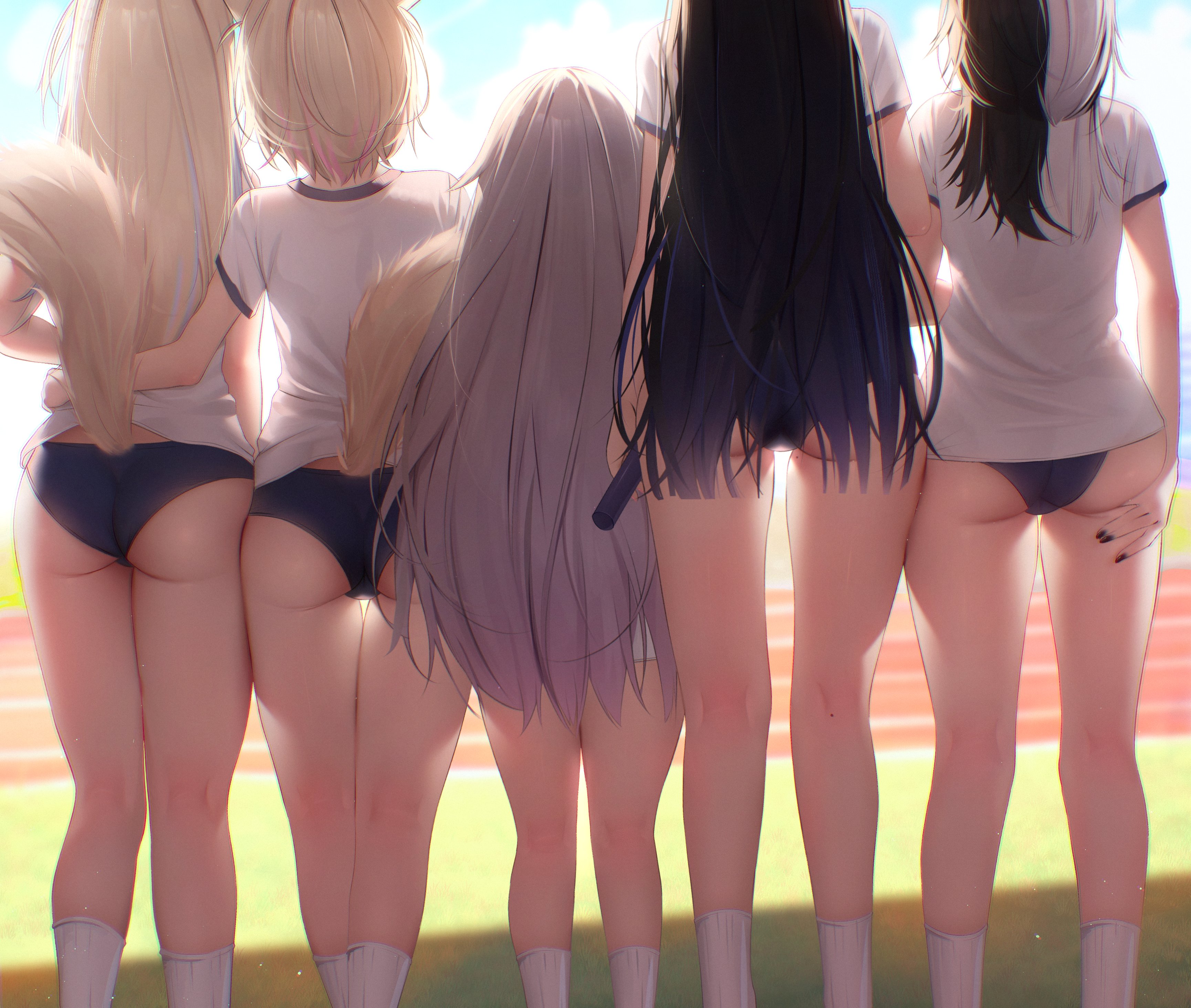 5girls, absurdres, alternate costume, arm around waist, ass, backlighting, black hair, blonde hair, blue buruma, blue hair, buruma, commentary, day, dog girl, dog tail, english commentary, facing away, feet out of frame, female, fingernails, from behind, fuwawa abyssgard, grey hair, gym shirt, gym uniform, head out of frame, height difference, highres, holding, holoadvent, hololive, hololive english, hololive english -advent-, kneepits, koseki bijou, long hair, mococo abyssgard, mole, mole on thigh, multicolored hair, multiple females, multiple girls, nail polish, nerissa ravencroft, outdoors, prab, relay baton, revision, running track, shadow, shiori novella, shirt, short hair, short sleeves, siblings, side-by-side, sisters, socks, split-color hair, standing, tail, tail raised, thighs, twins, two-tone hair, very long hair, virtual youtuber, white shirt, white socks