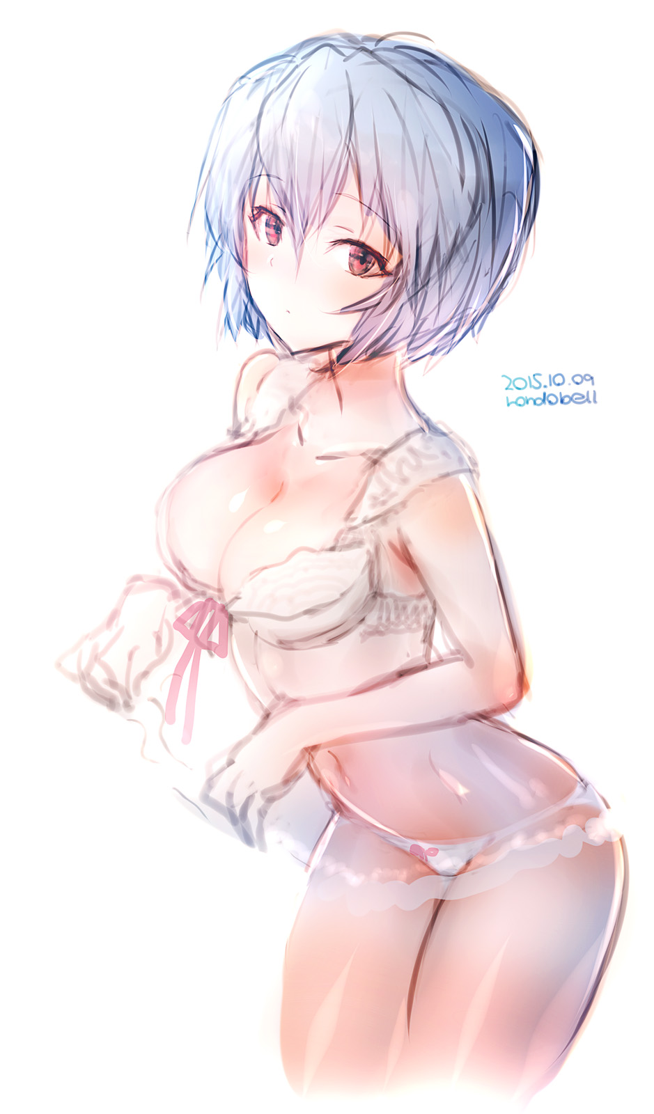 blue hair, blush, bra, breasts, cleavage, female, hips, large breasts, lingerie, looking at viewer, neon genesis evangelion, panties, red eyes, rei ayanami, short hair, solo, solo female, thighs