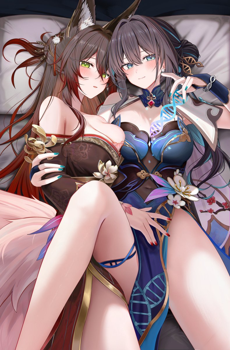 2girls, black hair, breast squish, breasts, brown hair, female, fox ears, fox girl, fugue (honkai: star rail), green eyes, honkai: star rail, hoyoverse, mihoyo, on bed, ruan mei (honkai: star rail), ruzhaiyu, thighs, tingyun (honkai: star rail)