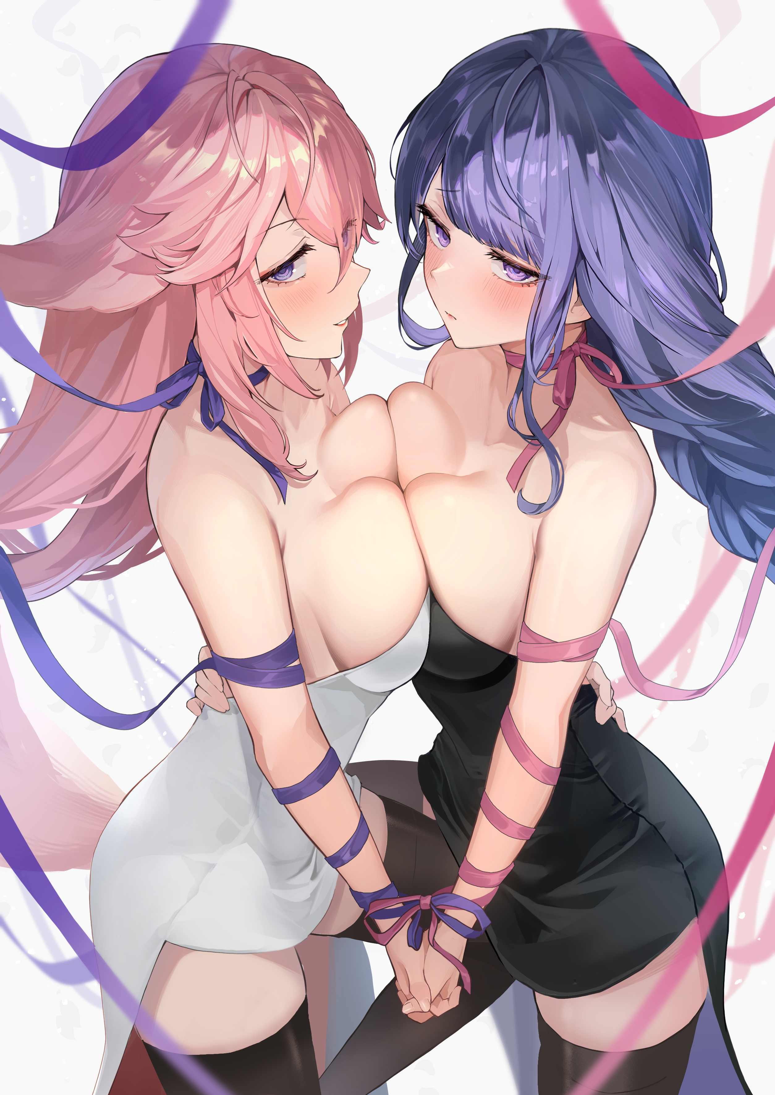 2girls, absurdres, animal ears, arm around back, black dress, black thighhighs, bondage, bound together, braid, braided ponytail, breast press, breasts, cleavage, commentary, dress, english commentary, female, floppy ears, fox ears, genshin impact, highres, holding hands, long hair, looking at viewer, multiple females, multiple girls, neck ribbon, pi tayuko, pink hair, purple eyes, purple hair, raiden shogun, ribbon, simple background, strapless, strapless dress, symmetrical docking, thighhighs, white dress, yae miko, yuri