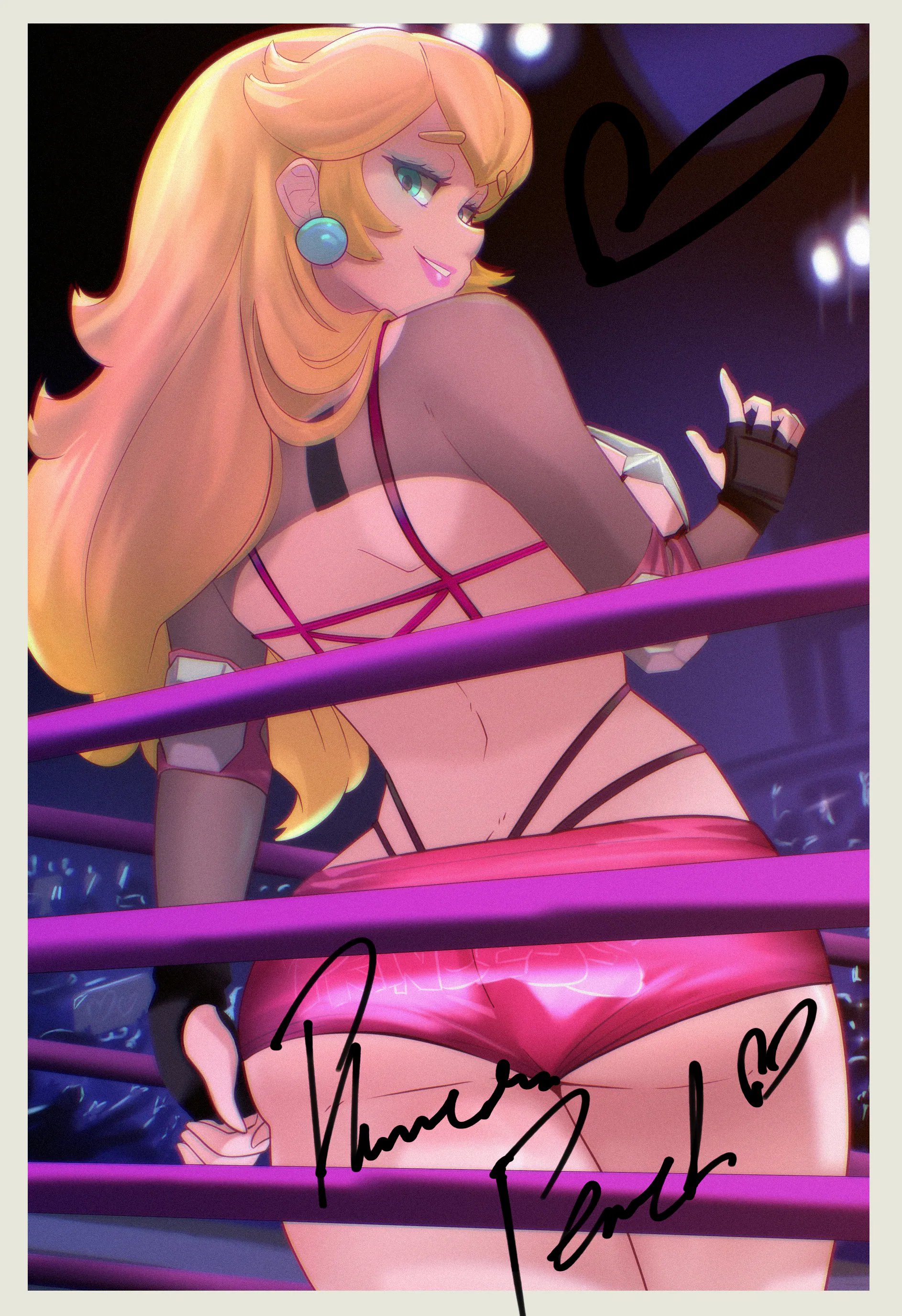 absurdres, ass, black gloves, blonde hair, blue eyes, blysill, border, cowboy shot, female, fingerless gloves, from behind, gloves, heart, highres, indoors, long hair, looking at viewer, looking back, mario (series), nintendo, photo (object), pink shorts, princess peach, revealing clothes, shorts, signature, solo focus, white border, wrestling outfit, wrestling ring