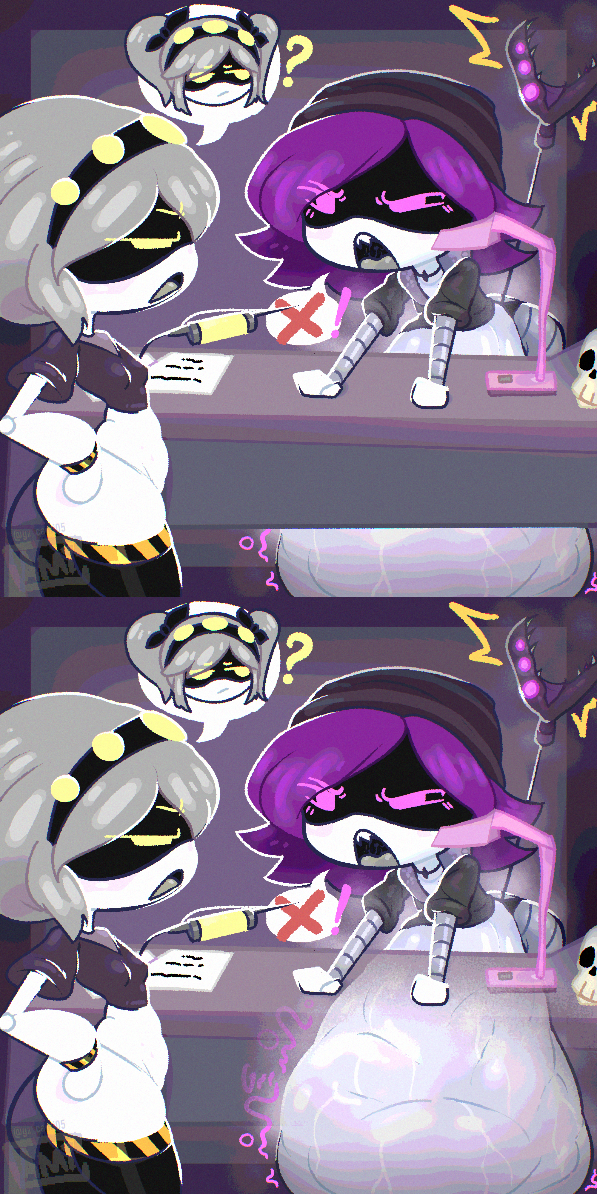 arguing, asking another, belly bulge, big belly, breasts, cami gz, camigz, female, female only, glitch productions, gurgle, gurgling, huge belly, j (murder drones), murder drones, naive, oral vore, possible digestion, purple eyes, purple hair, silver hair, small breasts, uzi (murder drones), v (murder drones), vore, yellow eyes
