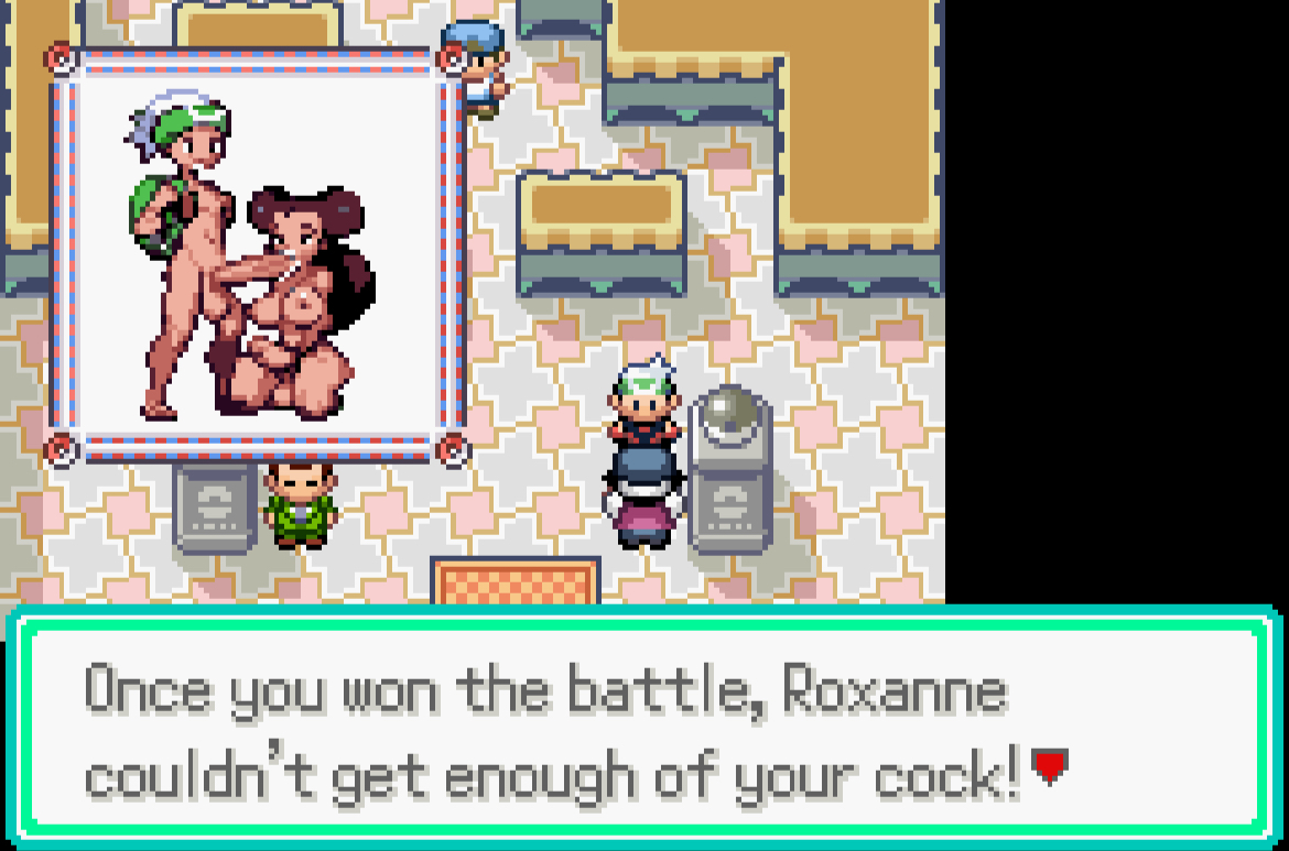 anthroemerald, blowjob, breasts, brendan (pokemon), cum, cum in mouth, erection, fellatio, futanari, huge breasts, huge cock, hung bottom, intersex, kneeling, kneeling oral position, male, male on futa, male/futa, mod, oral, oral penetration, oral sex, penis, pixel art, pokemon, pokemon anthro emerald, pokemon rse, roxanne (pokemon), sprite, tagme