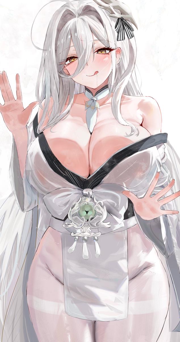 :q, 1girls, against glass, ahoge, azur lane, bare shoulders, between breasts, blush, breast press, breasts, breasts on glass, cg, cleavage, collarbone, cowboy shot, female, hair between eyes, hair ornament, hakuhou (azur lane), hand on glass, japanese clothes, kimono, large breasts, licking lips, long hair, looking at viewer, lshiki, mask, mask on head, necktie, off shoulder, pantyhose, pelvic curtain, simple background, smile, solo, thighband pantyhose, tongue, tongue out, very long hair, white background, white hair, white pantyhose, yellow eyes