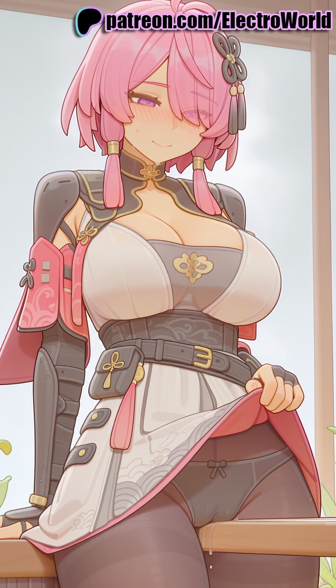 1girls, 2025, ai generated, artist name, blush, breasts, bust, chest, clothes lift, electroworld, female, gloves, hi res, high quality, high resolution, highres, lifted by self, nose blush, panties, patreon, patreon username, pink hair, skirt, skirt lift, solo, stable diffusion, taoqi (wuthering waves), underwear, watermark, wuthering waves