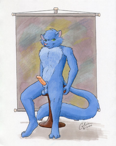 1boy 2000 animal_genitalia anthro backdrop balls blue_body blue_fur domestic_cat erection felid feline felis full-length_portrait fur furniture genitals green_eyes guppy guppy_(artist) humanoid_genitalia humanoid_penis hybrid_genitalia hybrid_penis male male_only mammal navel nude penis pink_nose pink_penis plantar_flexion plantigrade portrait pose sheath sheathed_humanoid_penis signature sitting smile solo stool traditional_media_(artwork)