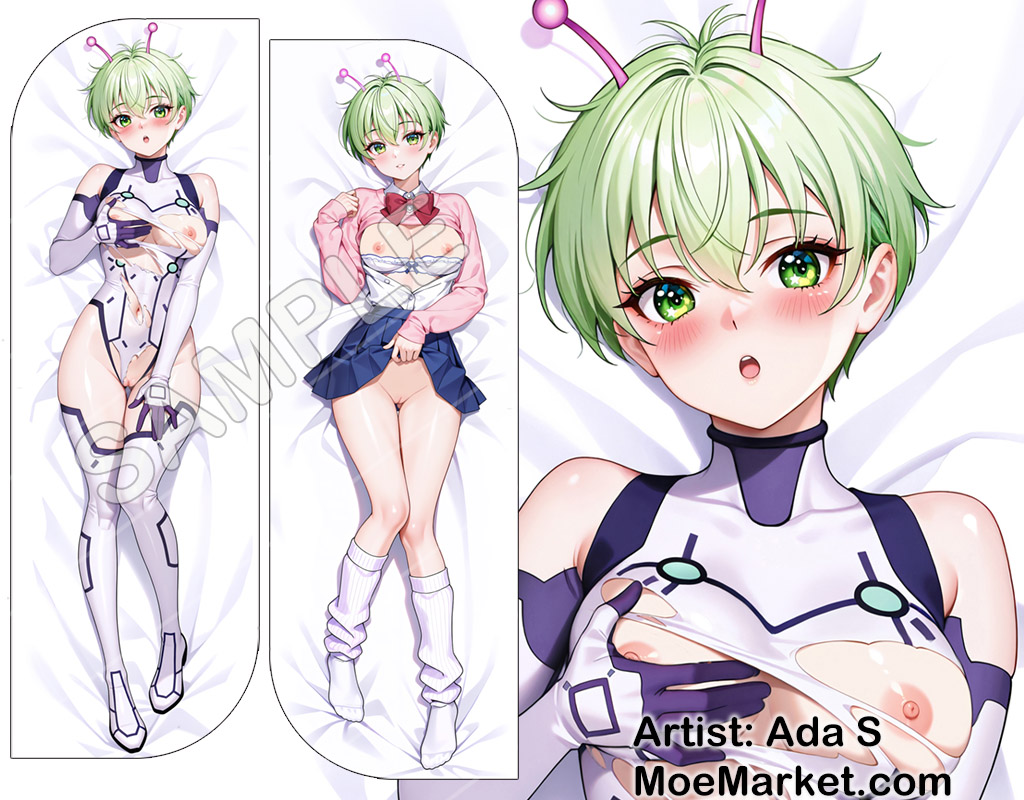 1girls, alien girl, antennae, bodysuit, breasts, breasts out, dakimakura, dakimakura design, dandadan, female, green eyes, looking at viewer, moemarket, open mouth, pussy, skirt lift, solo, vamola (dandadan)