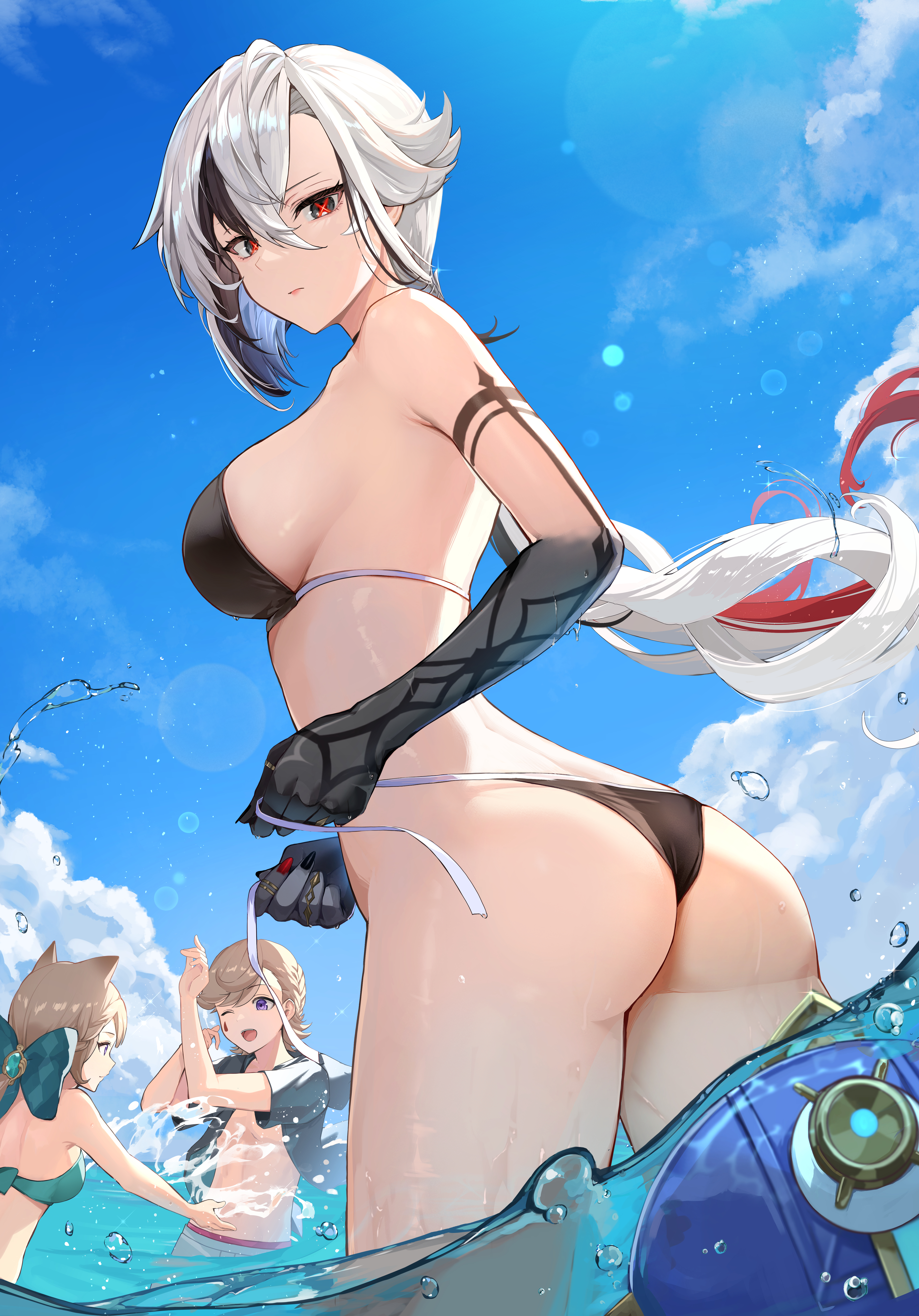 2boys, 2girls, absurdres, alternate costume, arlecchino (genshin impact), ass, bikini, black bikini, black eyes, black hair, black hands, black nails, breasts, closed mouth, colored extremities, commentary, diving helmet, female, freminet (genshin impact), genshin impact, grey hair, hair between eyes, helmet, highres, large breasts, looking at viewer, low ponytail, lynette (genshin impact), lyney (genshin impact), male, multicolored hair, multicolored nails, multiple boys, multiple females, multiple girls, multiple males, ocean, outdoors, partially submerged, pi tayuko, ponytail, purple eyes, red hair, red nails, red pupils, short hair, side-tie bikini bottom, sideboob, splashing, streaked hair, string bikini, swimsuit, symbol-shaped pupils, teardrop facial mark, thong bikini, untied bikini, untied bikini bottom, wading, x-shaped pupils