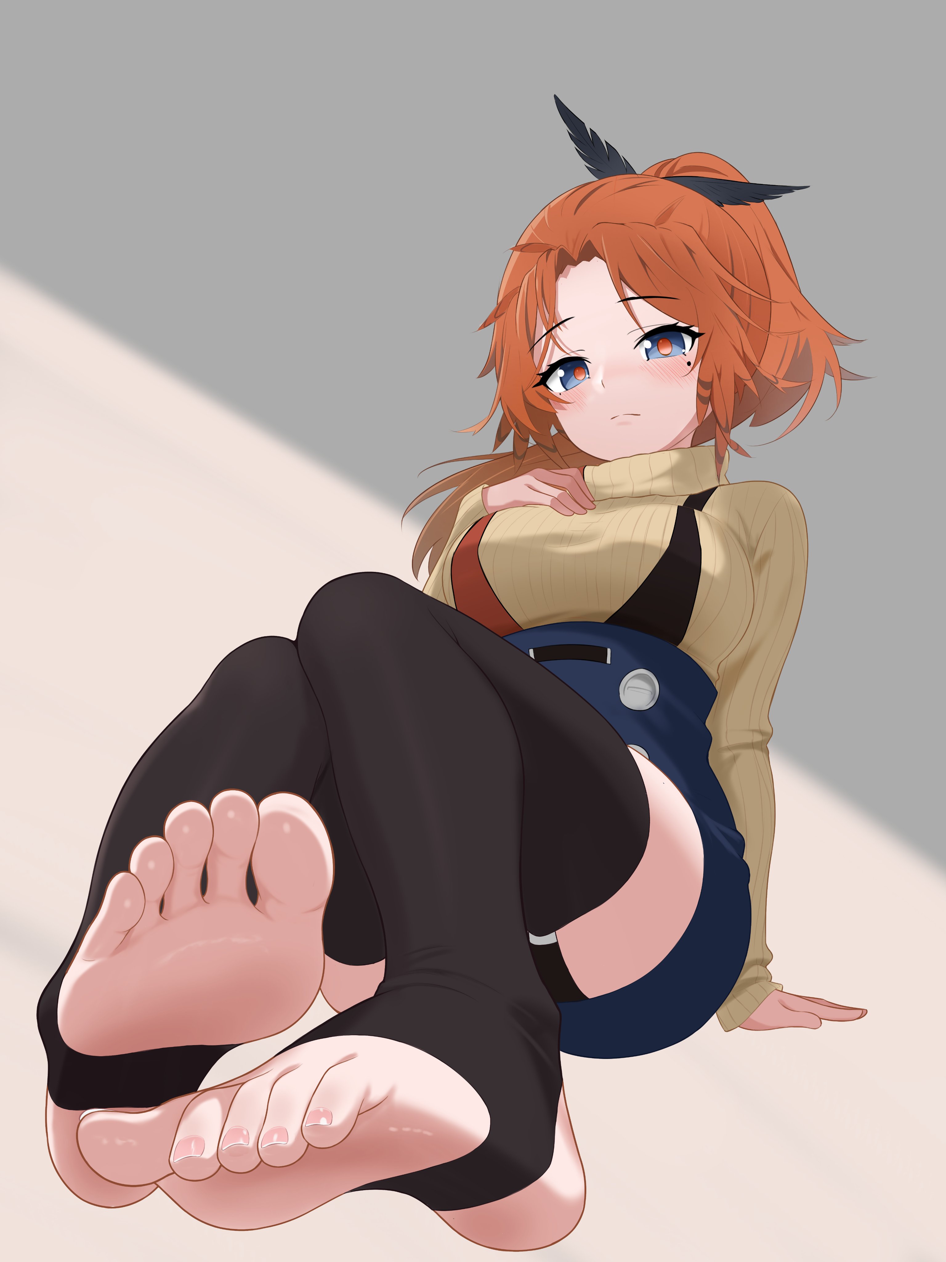 absurdres, aran sweater, arknights, bird girl, black thighhighs, blue eyes, blue skirt, blush, breasts, cable knit, commentary, commentary request, english commentary, feather hair, feather hair ornament, feathers, feet, female, foot focus, garter straps, hair ornament, hand on own chest, highres, llewellyn blue, long hair, long sleeves, looking at viewer, medium breasts, mixed-language commentary, mole, mole under eye, orange hair, orange pupils, pinecone (arknights), ponytail, skirt, sleeves past wrists, soles, solo, stirrup legwear, suspender skirt, suspenders, sweater, thighhighs, toeless legwear, toenails, toes, turtleneck, turtleneck sweater, yellow sweater