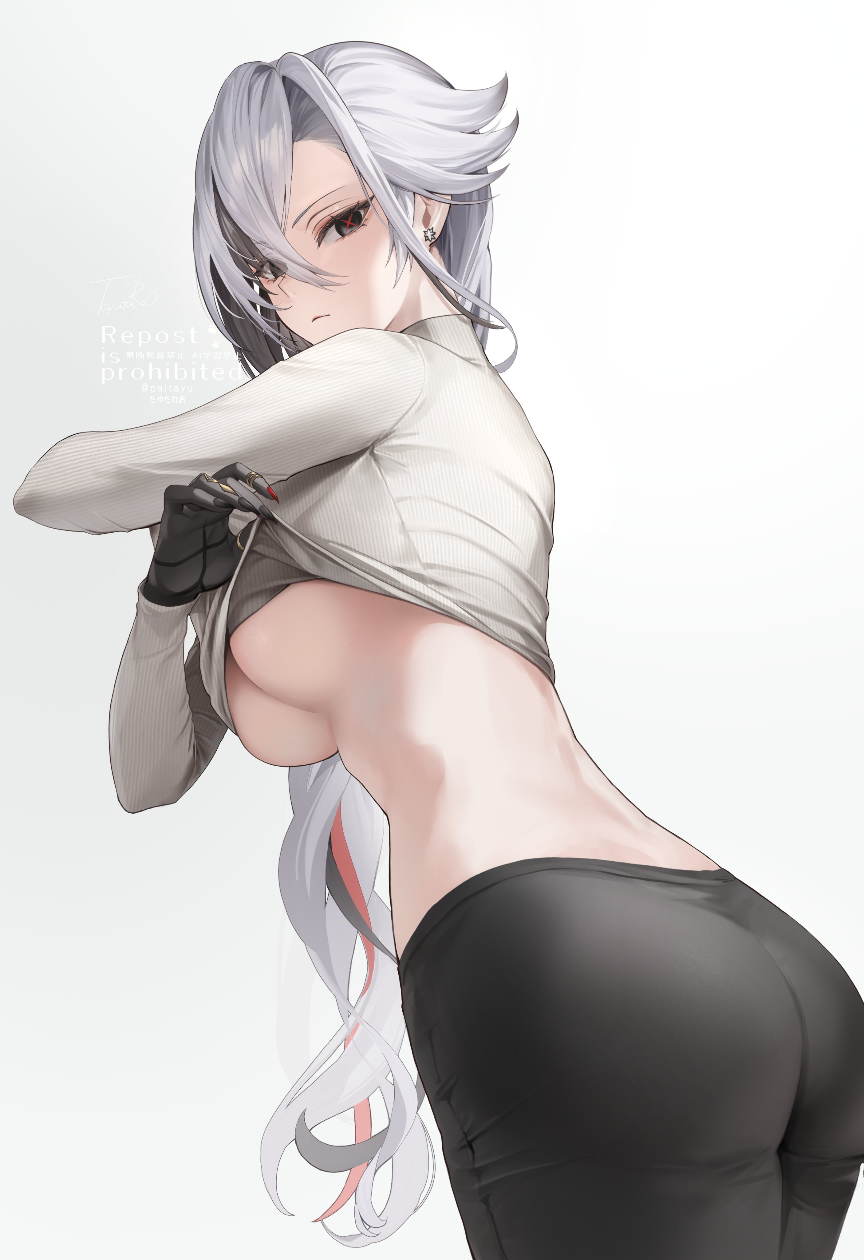 absurdres, arlecchino (genshin impact), ass, black eyes, black hair, black hands, black nails, black pants, breasts, clothes lift, colored extremities, earrings, female, from side, genshin impact, grey hair, highres, jewelry, large breasts, lifting own clothes, long hair, looking at viewer, multicolored hair, pants, pi tayuko, red nails, red pupils, shirt lift, simple background, solo, streaked hair, symbol-shaped pupils, two-tone hair, underboob, undressing, x-shaped pupils