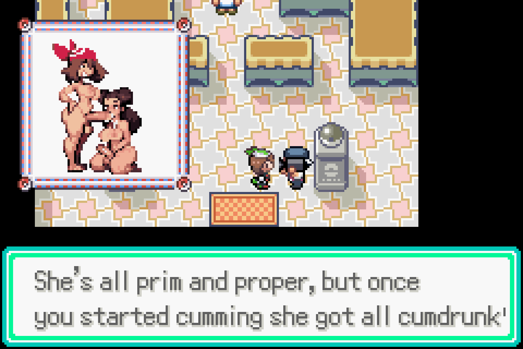 2futas, anthroemerald, balls, big penis, blowjob, breasts, cum in mouth, erection, fellatio, futa on futa, futadom, futanari, hand on hip, huge ass, huge breasts, human, humanoid penis, hung bottom, intersex, kneeling, kneeling oral position, may (pokemon), mod, nude, nude futa, oral, oral penetration, oral sex, orgasm face, penis, pixel art, pokemon, pokemon anthro emerald, pokemon rse, roxanne (pokemon), smug, sprite