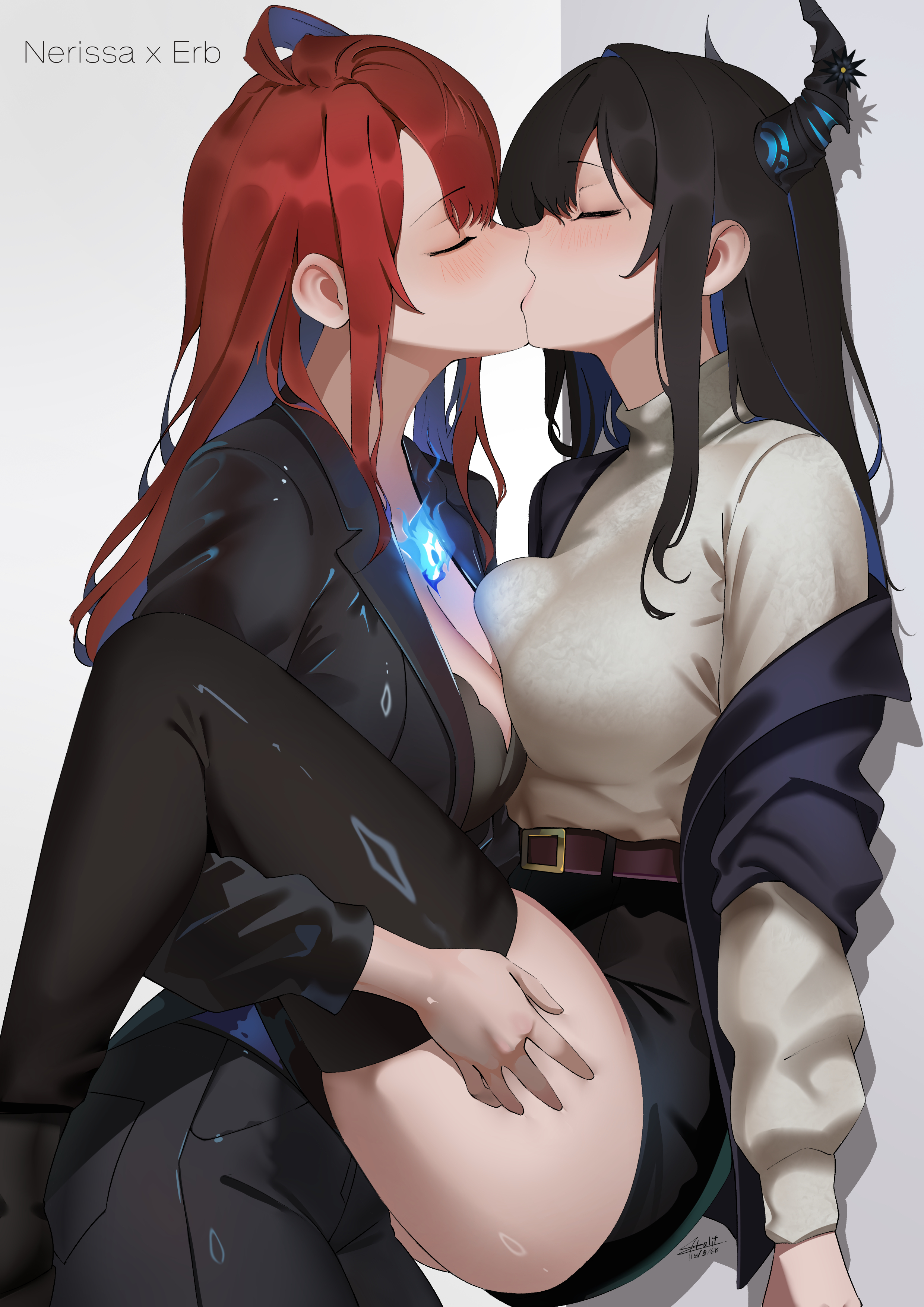 2girls, absurdres, alternate costume, aou13093, black hair, black horns, black jacket, black pants, black shorts, black thighhighs, blue hair, breast press, breasts, closed eyes, colored inner hair, elizabeth rose bloodflame, female, formal clothes, highres, hololive, hololive english, hololive english -advent-, hololive english -justice-, horns, jacket, kissing, large breasts, leg lift, micro shorts, multicolored hair, multiple females, multiple girls, nerissa ravencroft, pant suit, pants, red hair, shorts, suit, suit jacket, sweater, thighhighs, turtleneck, turtleneck sweater, virtual youtuber, white sweater, yuri