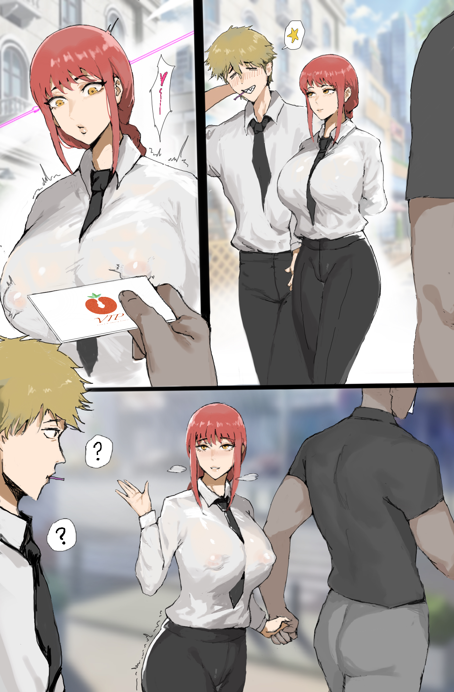 1girls, 2025, 2boys, 2d, alternate breast size, big breasts, blonde hair, breasts, chainsaw man, collared shirt, comic, curvaceous, curvy, curvy body, curvy female, curvy figure, dark skin, dark-skinned male, denji (chainsaw man), female, fully clothed, light skin, light-skinned female, makima (chainsaw man), male, multiple views, necktie, netorare, nipple bulge, nipples visible through clothing, ntr, orange eyes, outdoors, pants, red hair, shirt, standing, thick thighs, tomatosp, trembling, white shirt